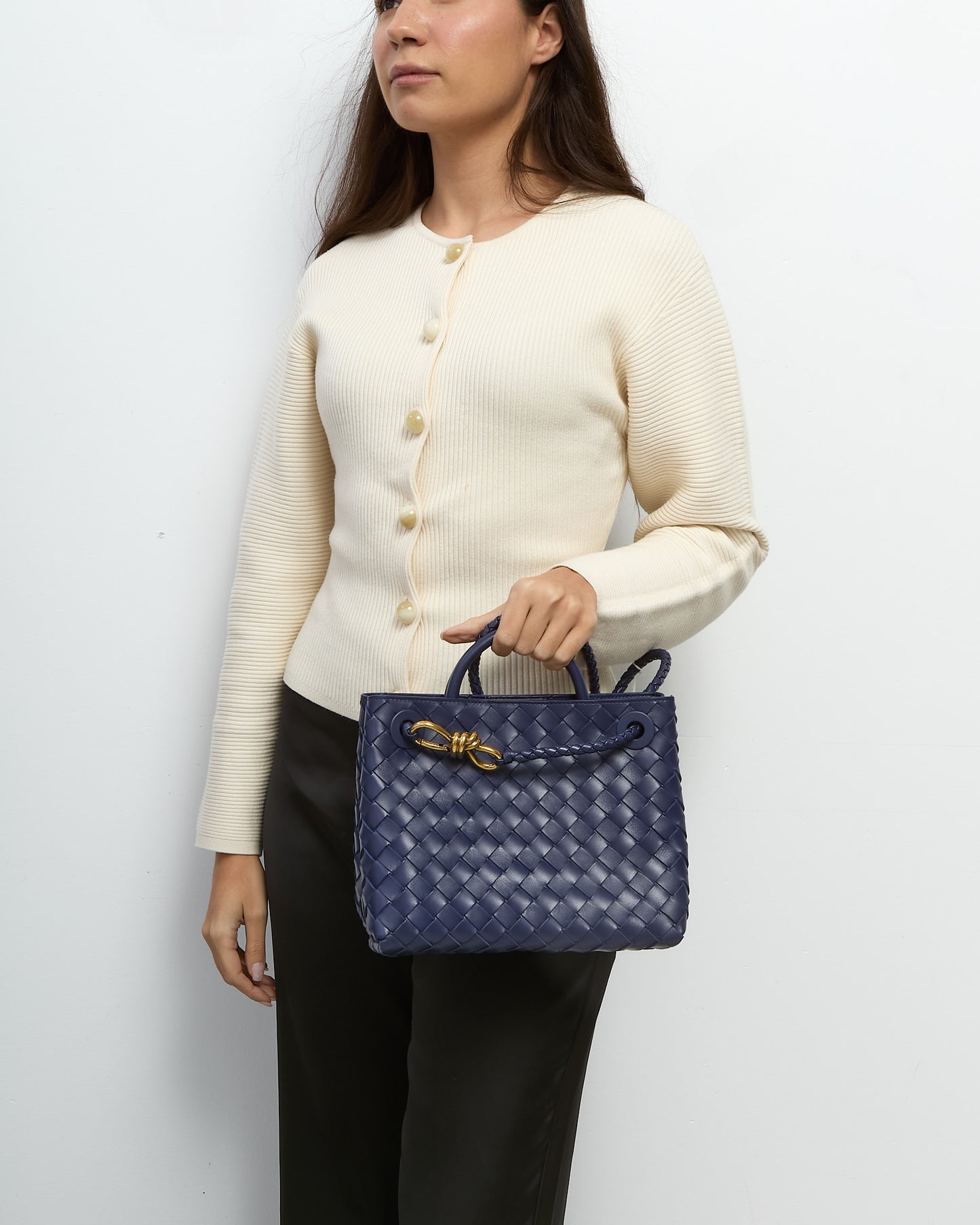 Bottega Veneta Navy Intrecciato Leather Small Andiamo Bag GHW