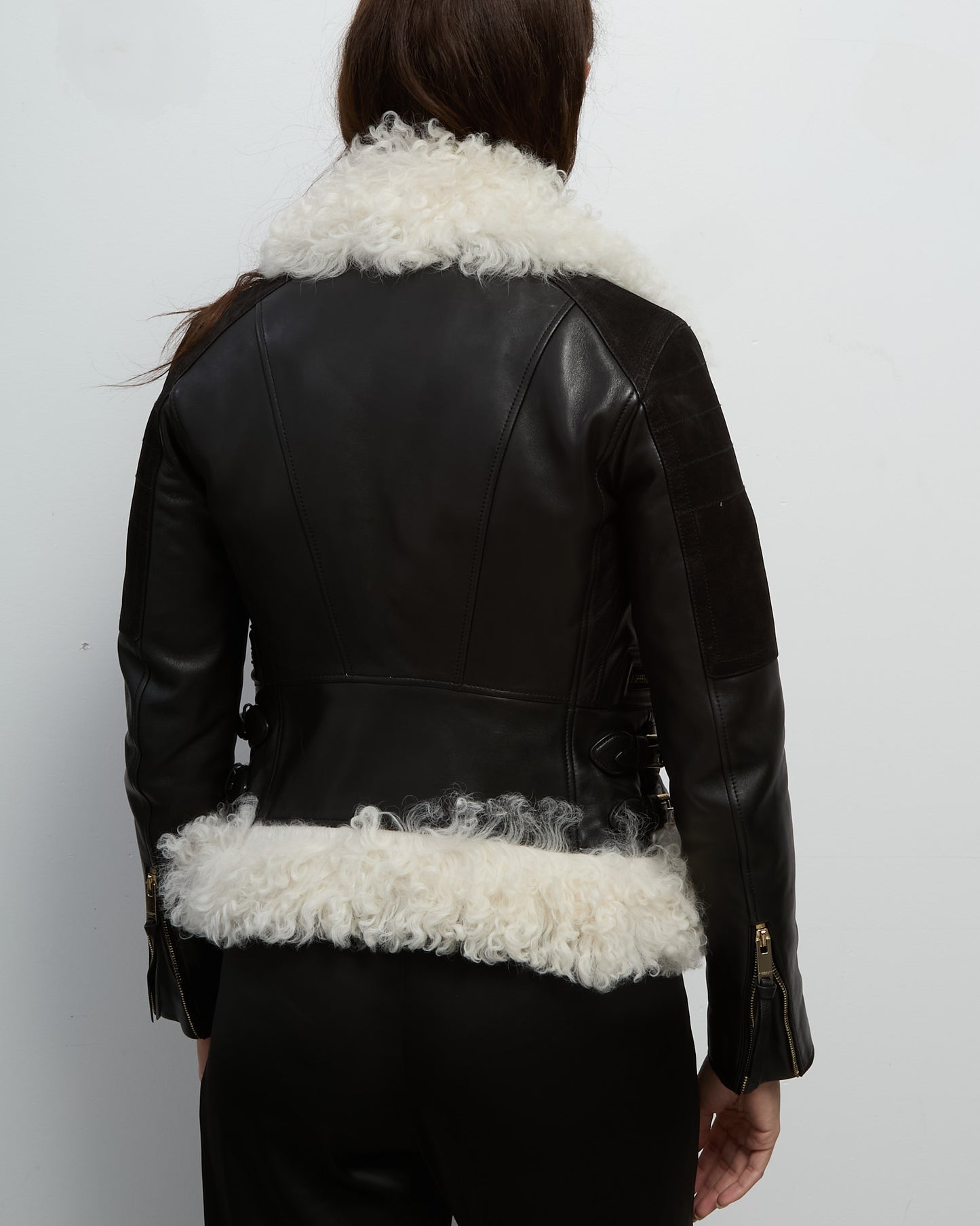 Burberry Black Leather and White Shearling Fur Moto Biker Jacket - 34 IT/ XS