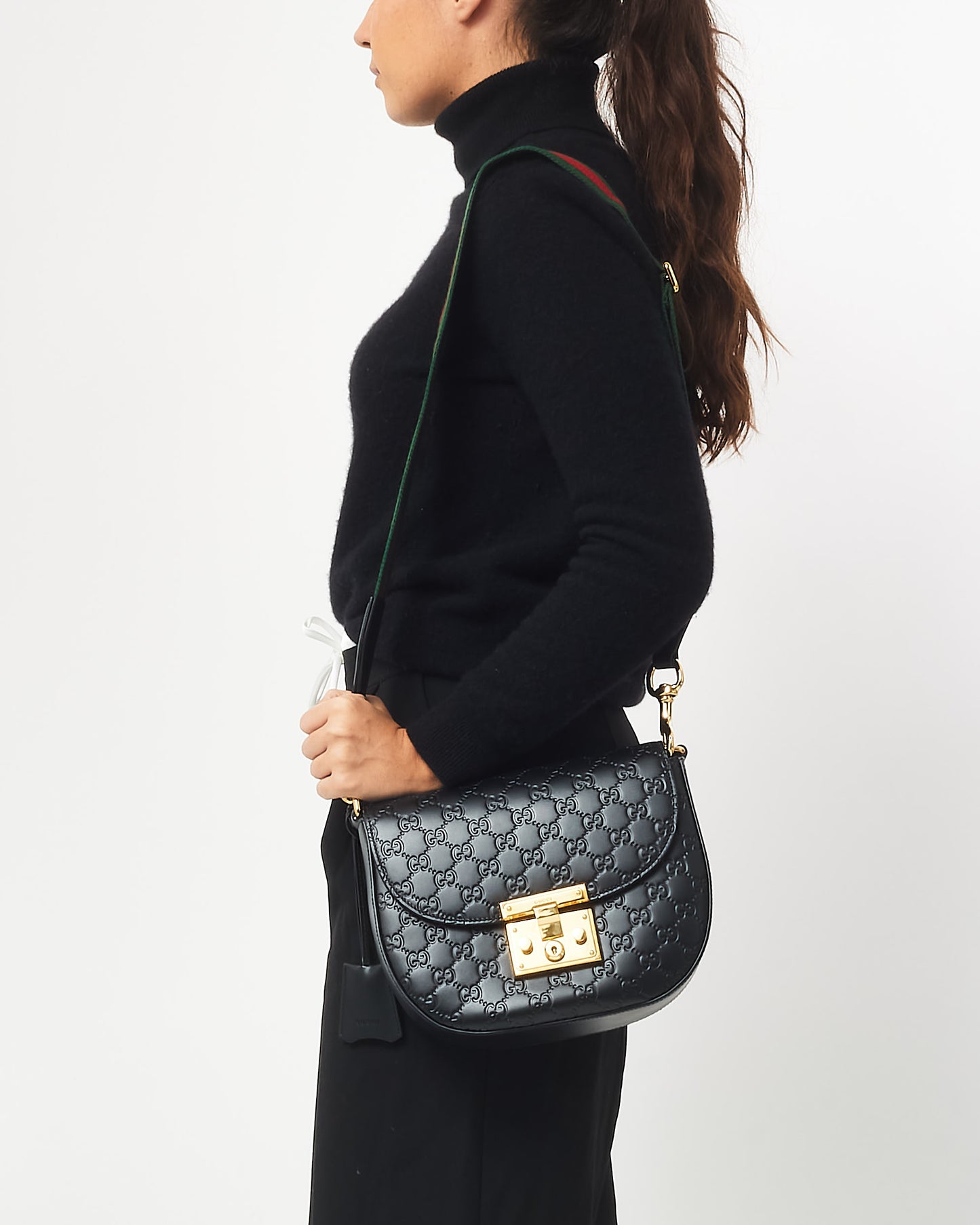 Gucci Black GG Guccissima Leather & Web Strap Padlock Messenger Bag