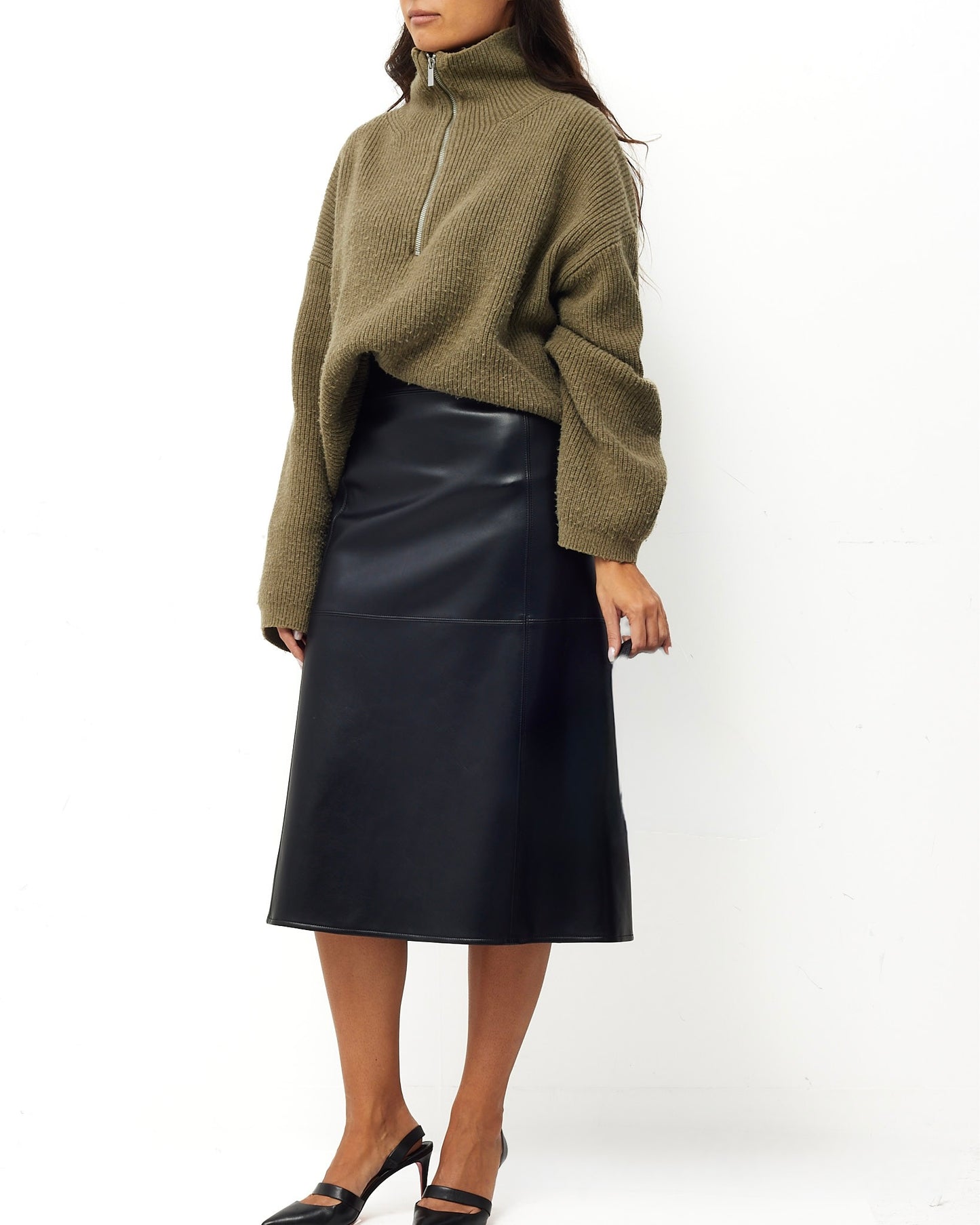 Max Mara S Label Black Leather Midi Skirt - M