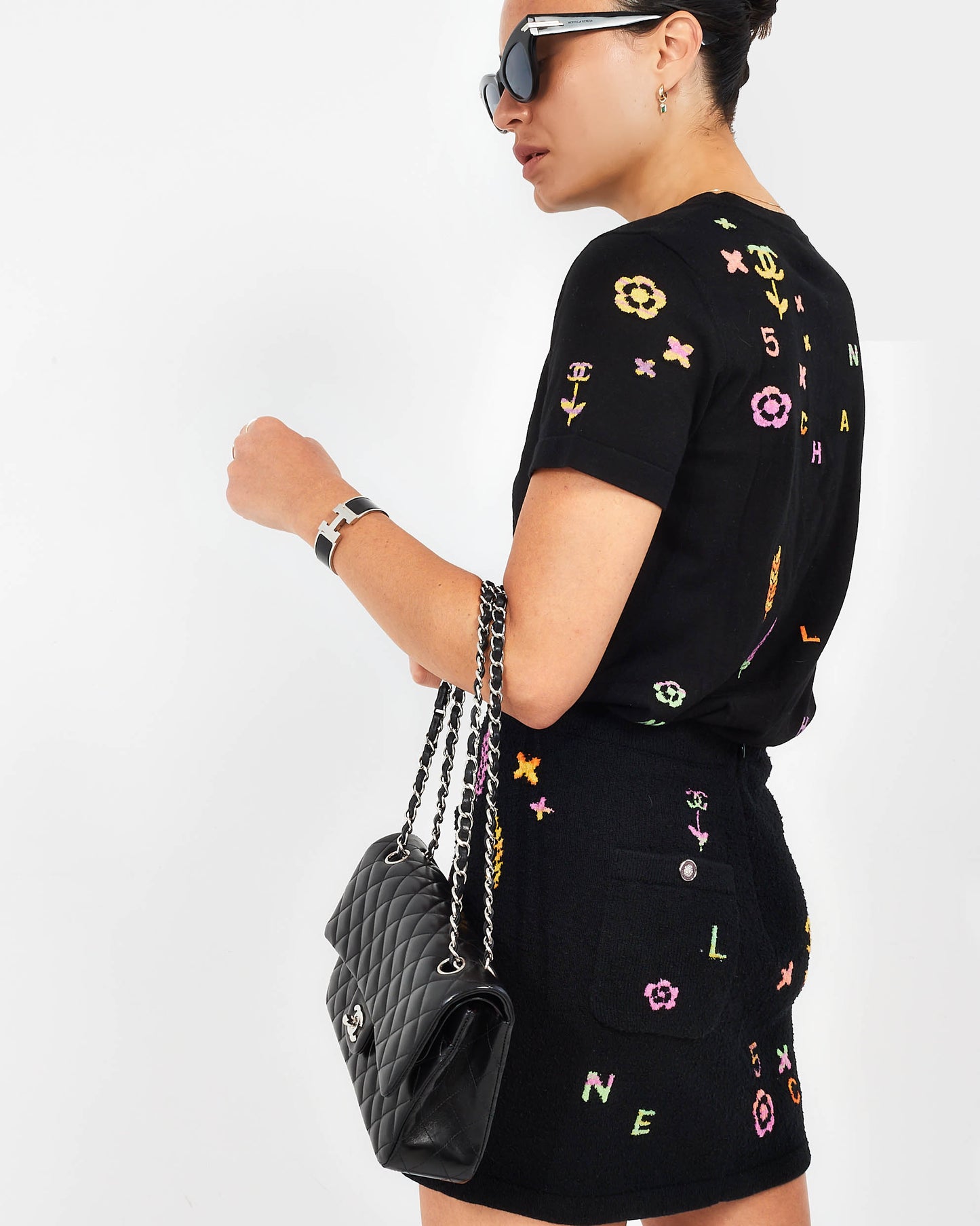 Chanel Black Multi Color Logo Knit T-Shirt - 38