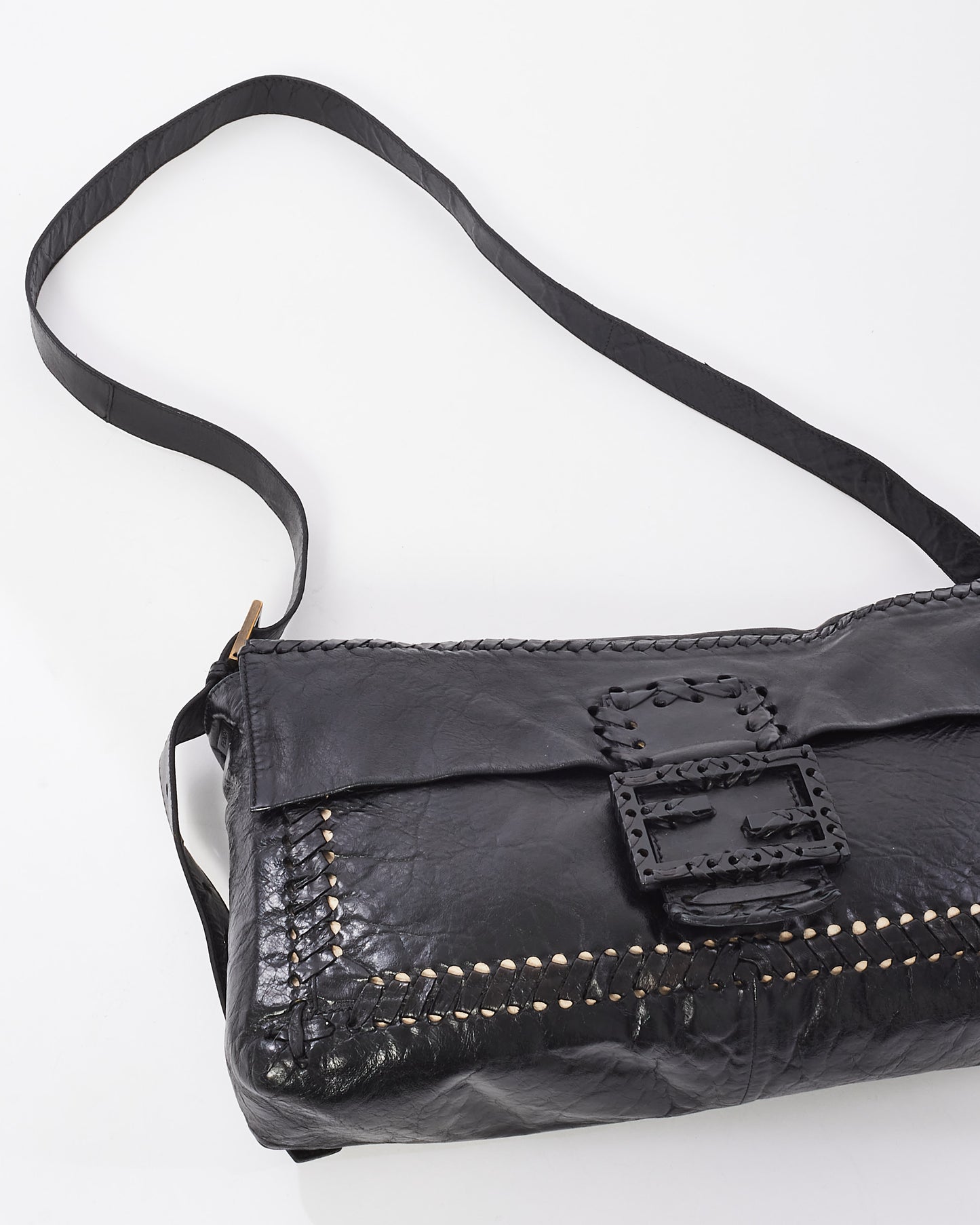 Fendi Vintage Black Leather Whipstitch Large Baguette Crossbody Bag