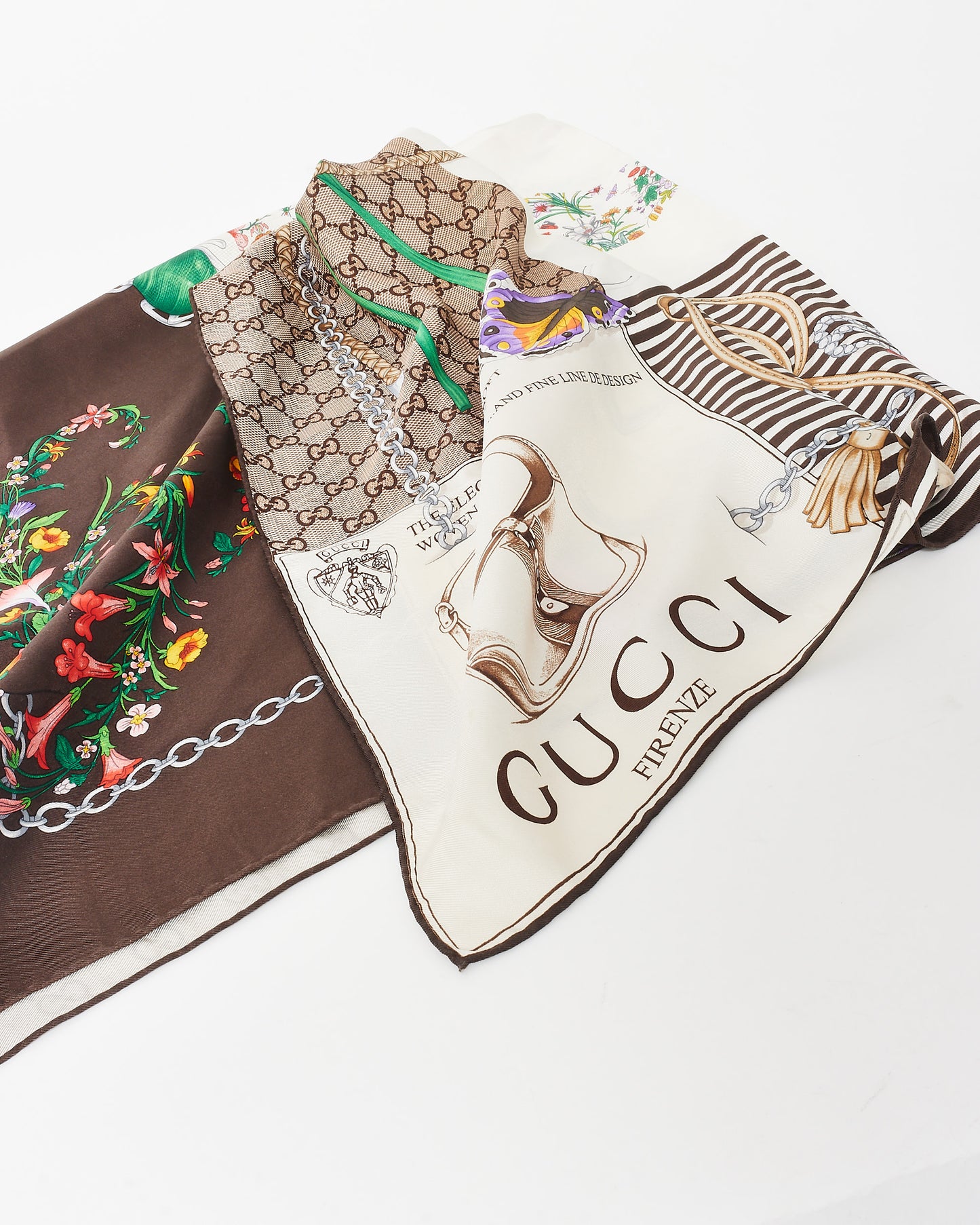Gucci White & Brown Silk Scarf W/ Multi Floral & Bugs