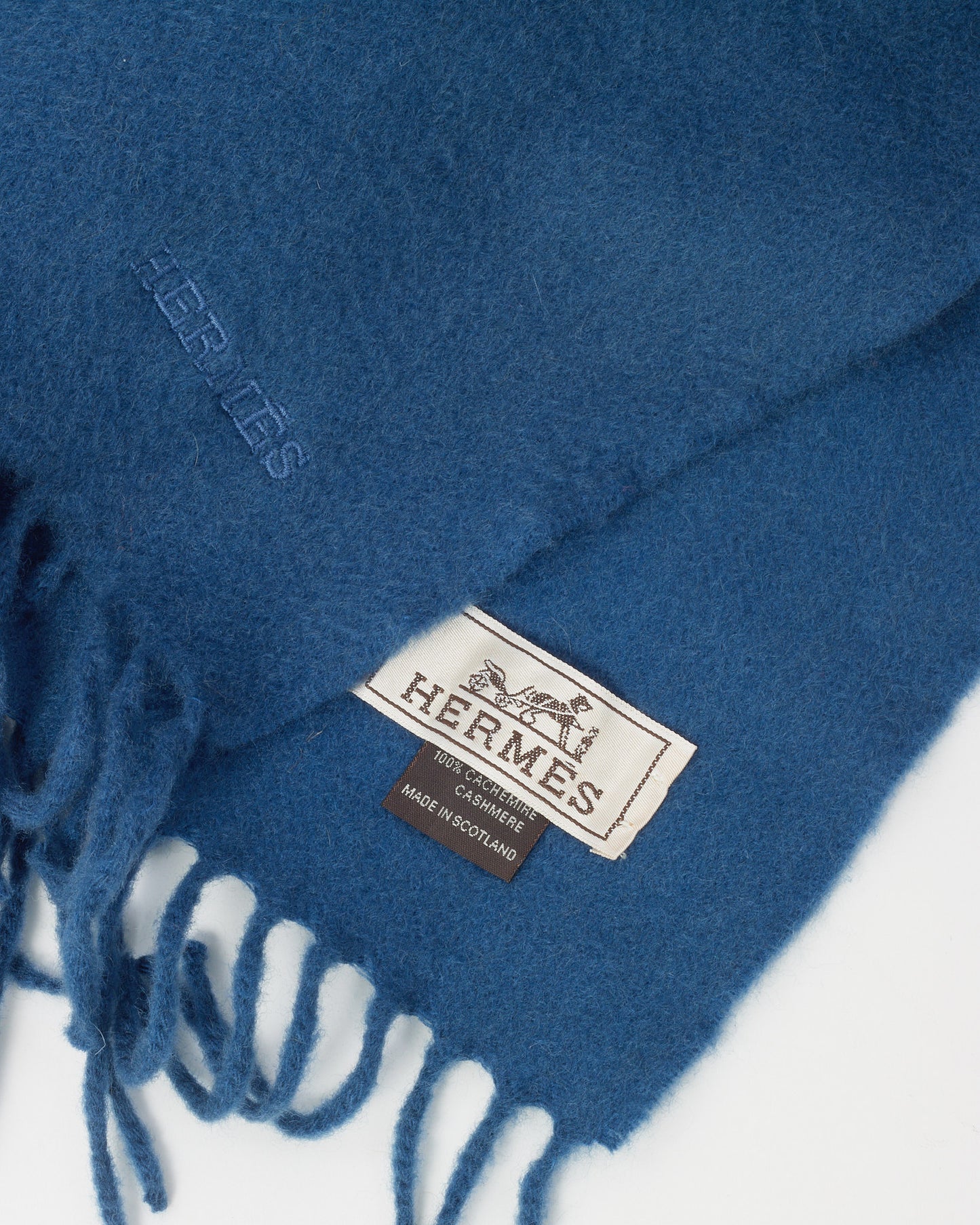 Hermès Navy Cashmere Logo Fringe Scarf