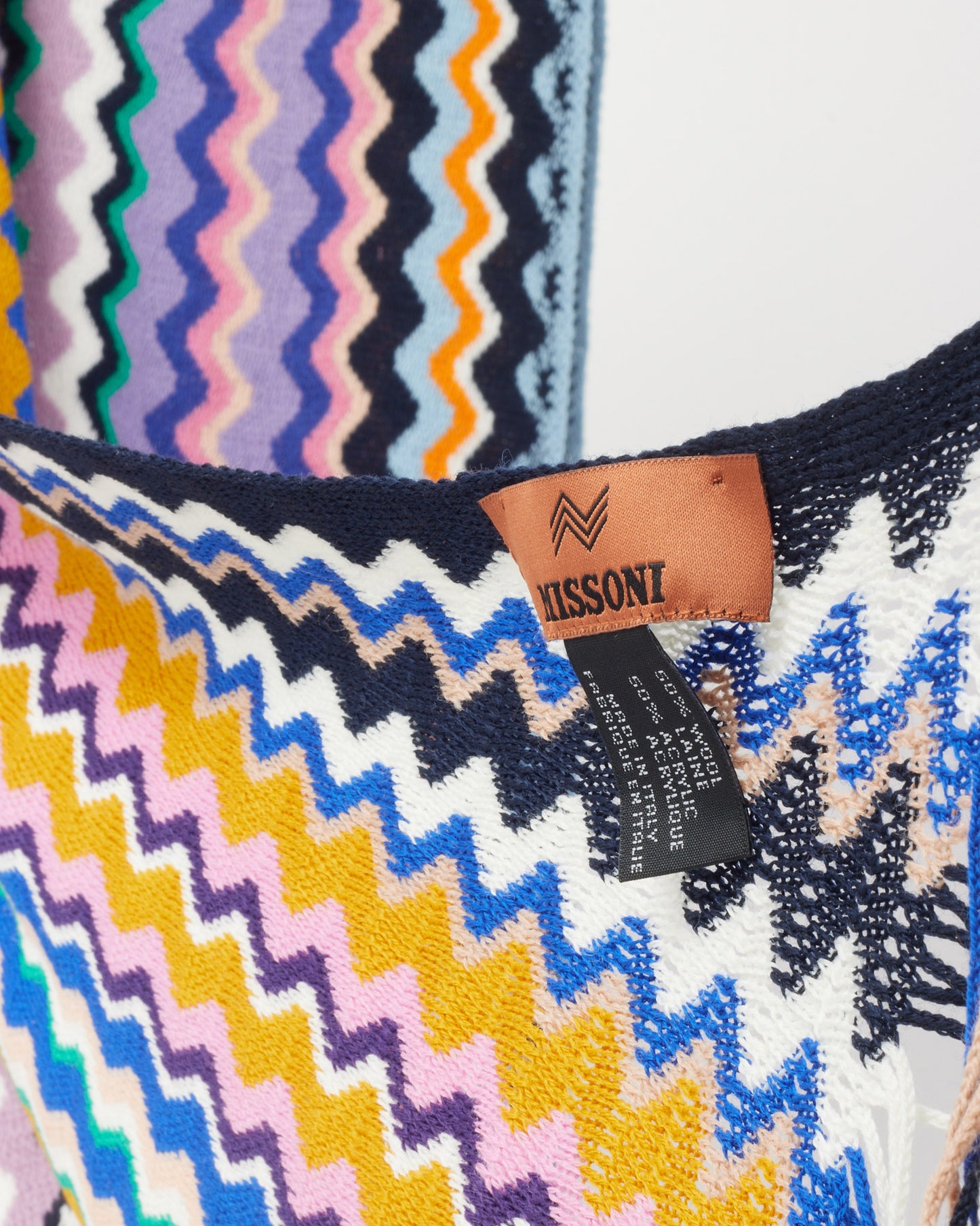 Missoni Multi Black/Blue/Yellow/Purple Missoni Zigzag-intarsia Wool Blend Fringe Scarf