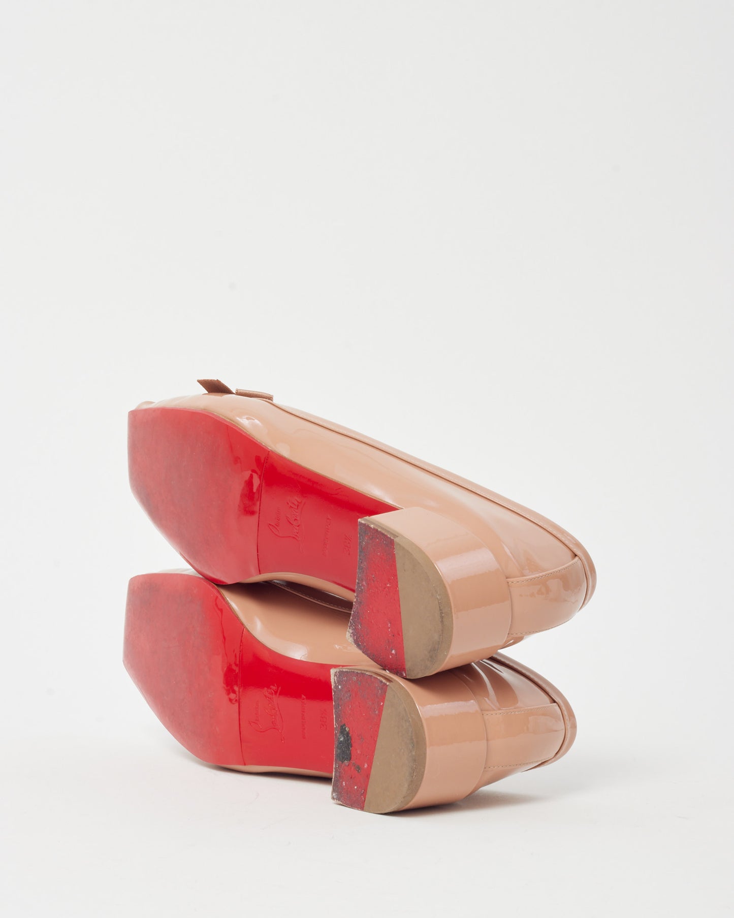 Christian Louboutin Beige Patent Leather Mamaflirt 30 Bow Block Heel Ballerina Pumps - 38.5