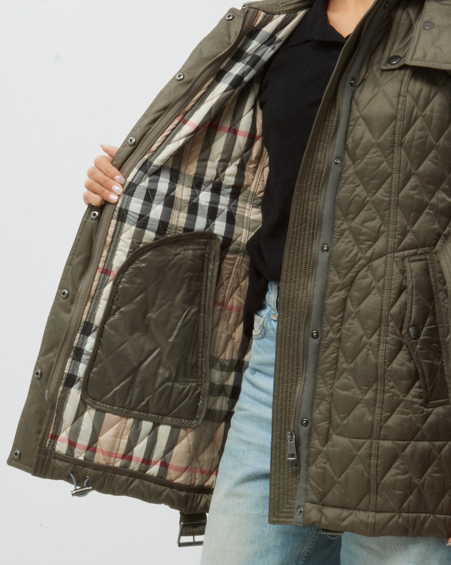 Burberry Khaki Grey Nylon Padded Finsbridge Quilted Belted Jacket - S