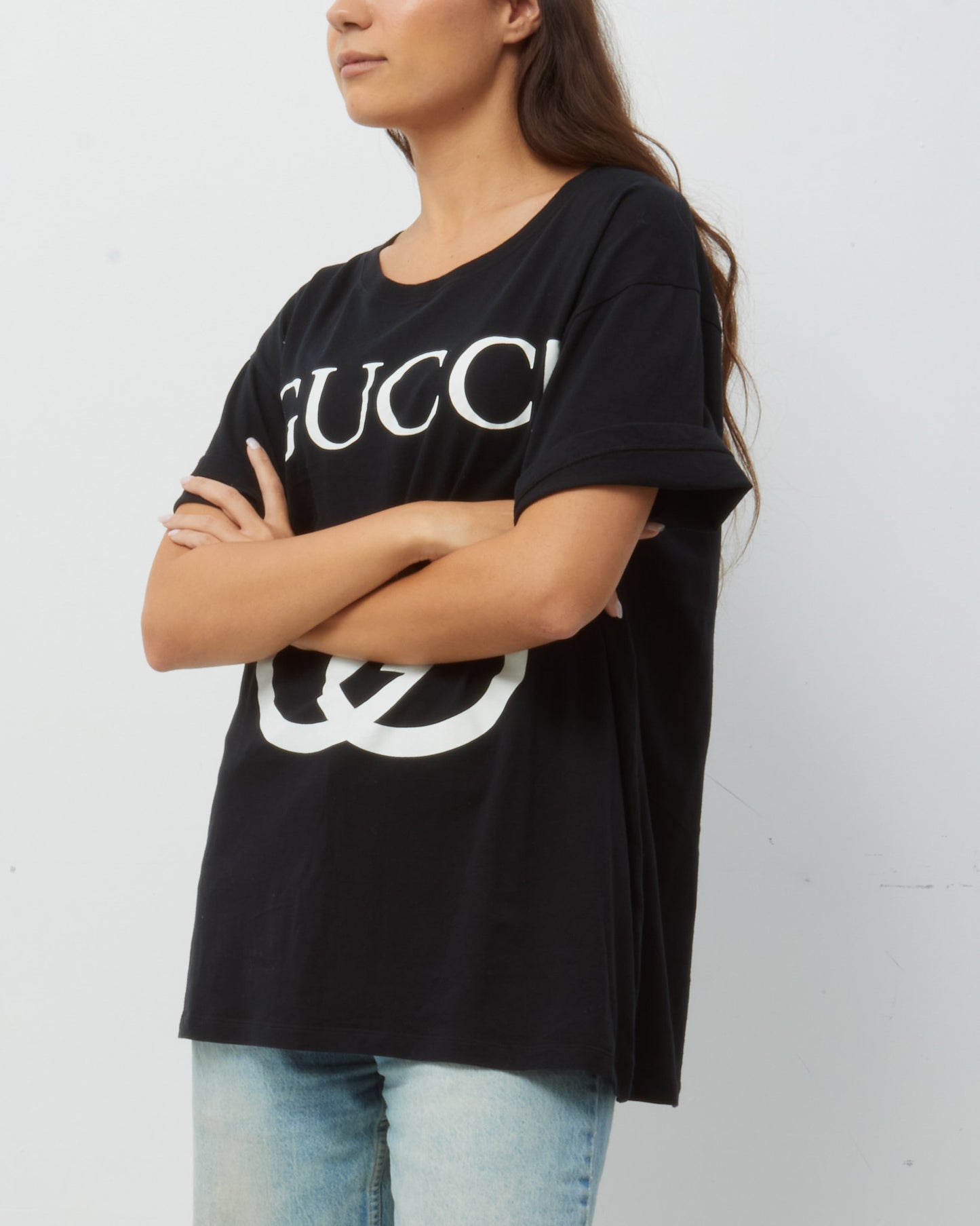 Gucci Black Cotton White GG Logo T-Shirt - L