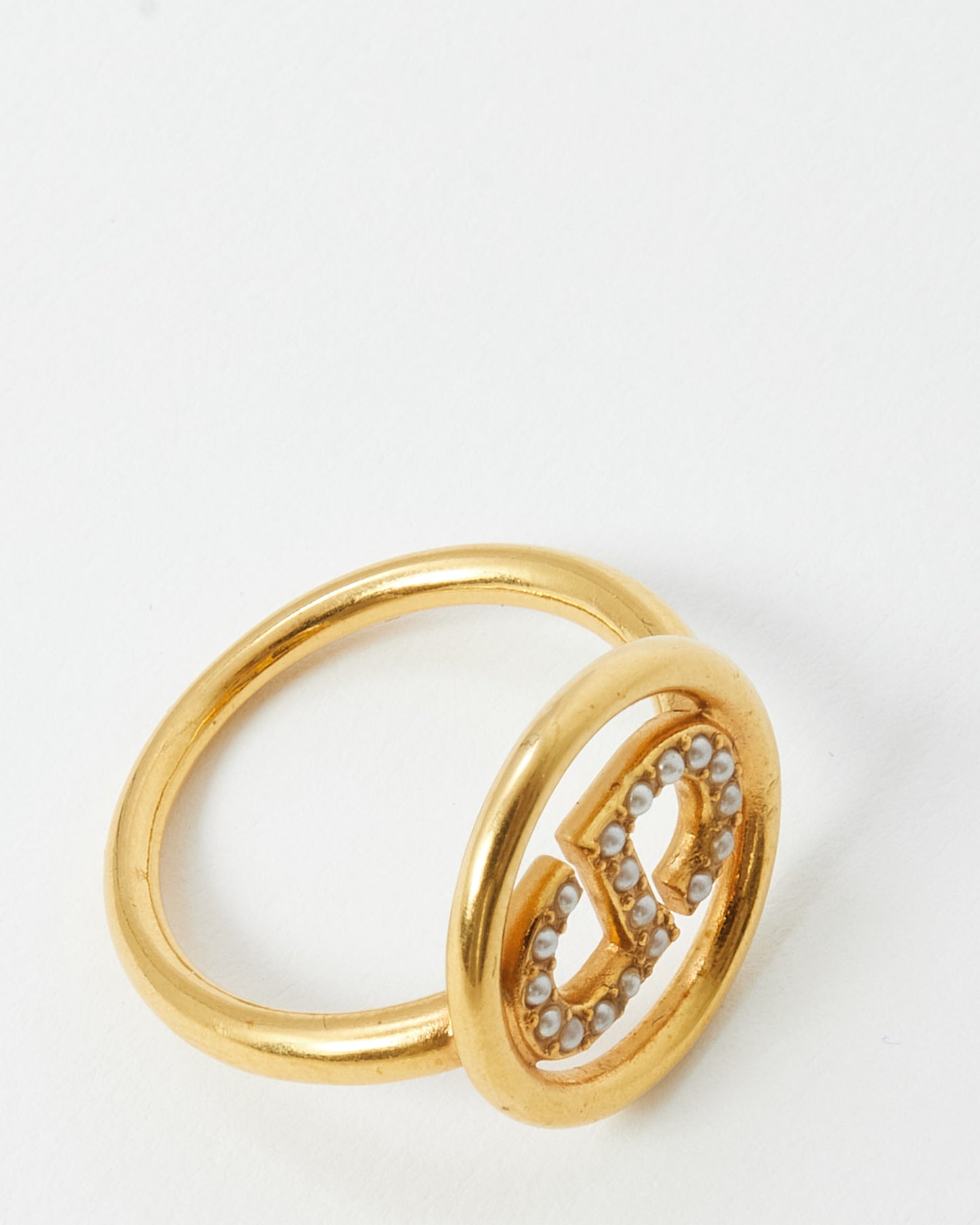 Dior Gold Metal and Rhinestone Crystal Petit CD Circle Ring - M