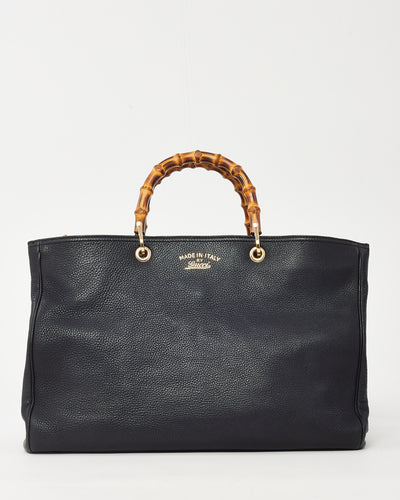 Gucci Black Pebbled Calfskin Leather Large Bamboo Handle Shopper Tote with Strap
