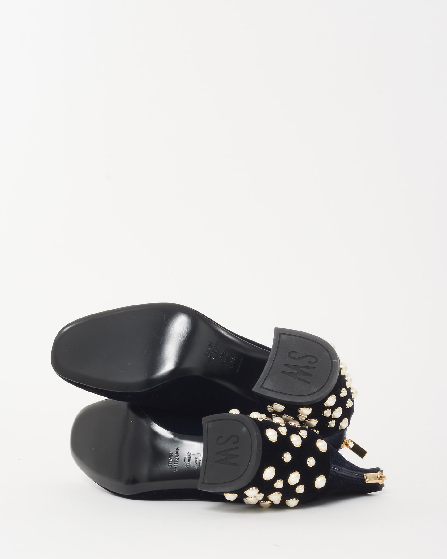 Stuart Weitzman Blue Velvet & Pearl Block Heel Booties - 8.5