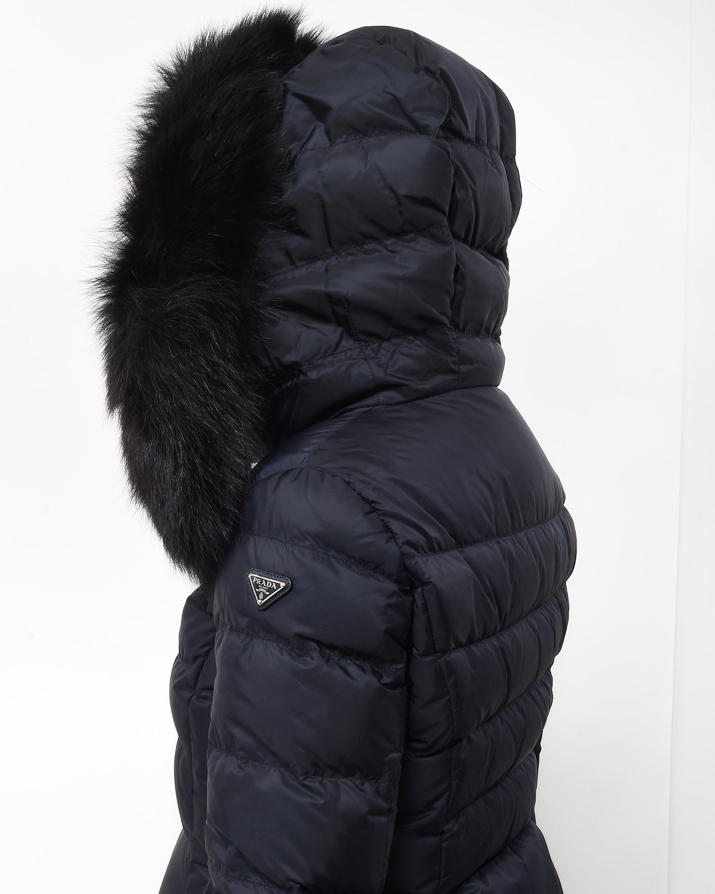 Prada Navy with Black Fox Fur Trim Puffer Jacket - 44