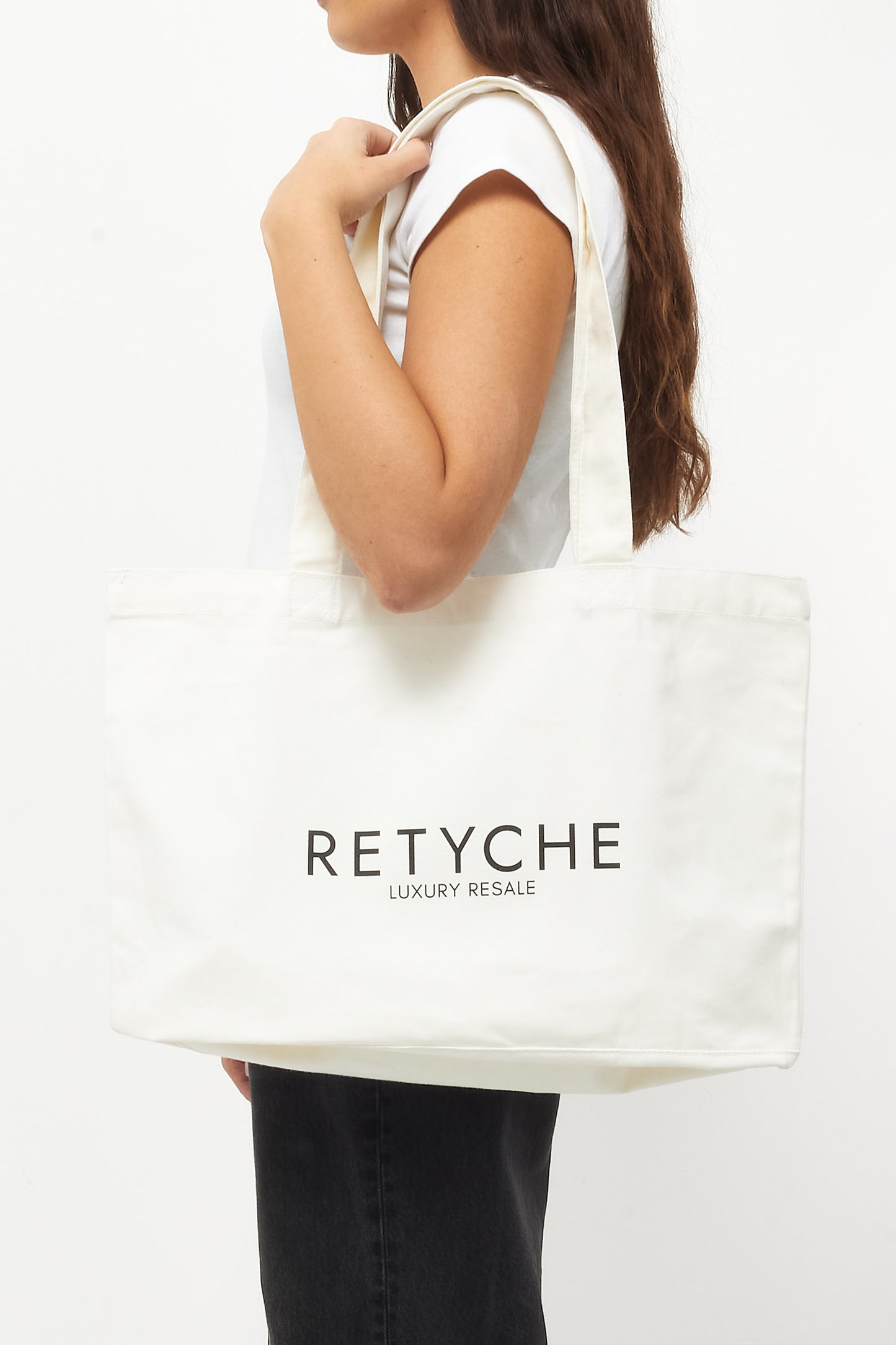 Retyche White Cotton & Black Logo Tote