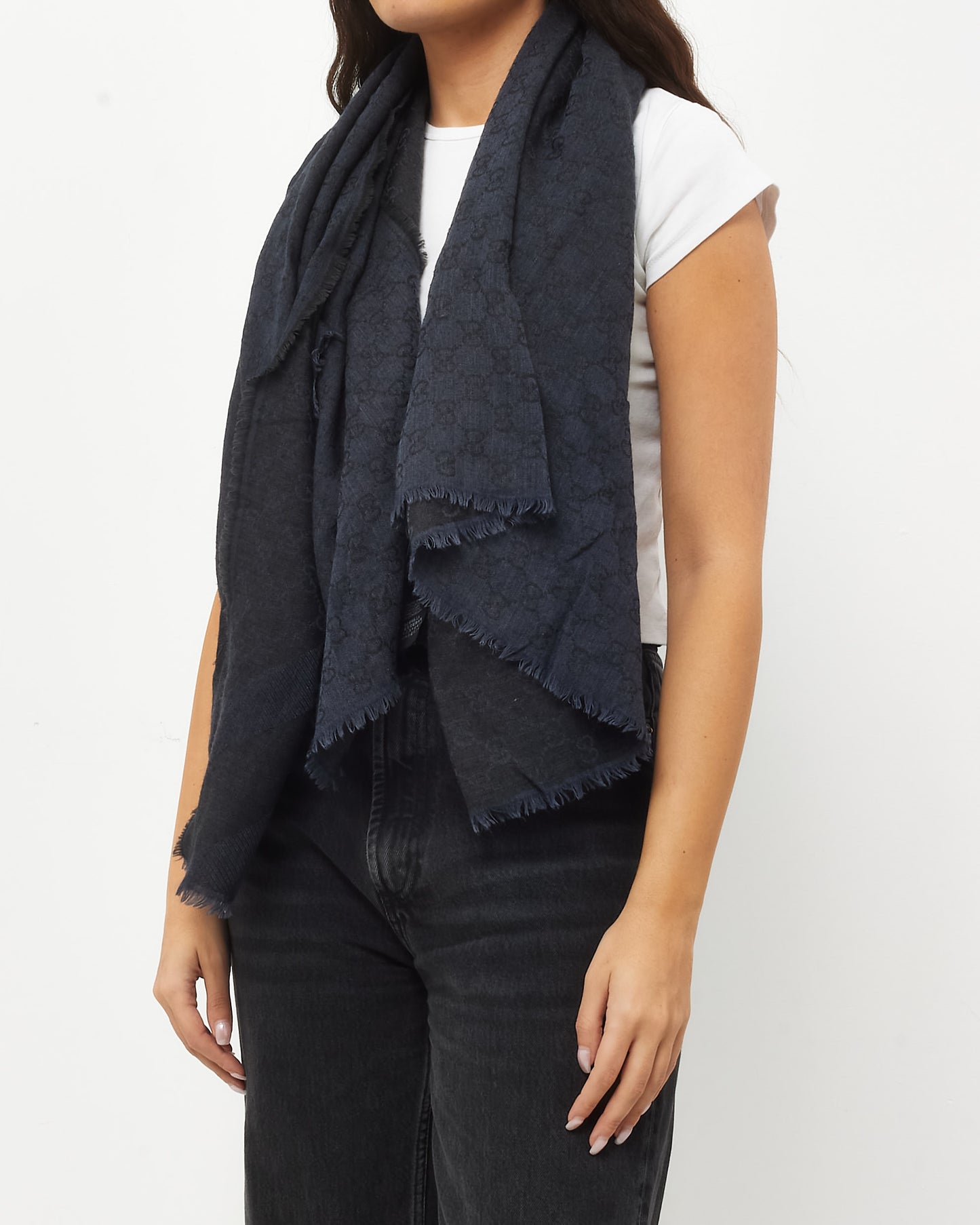 Gucci Dark Grey Monogram GG Wool Blend Shawl Scarf