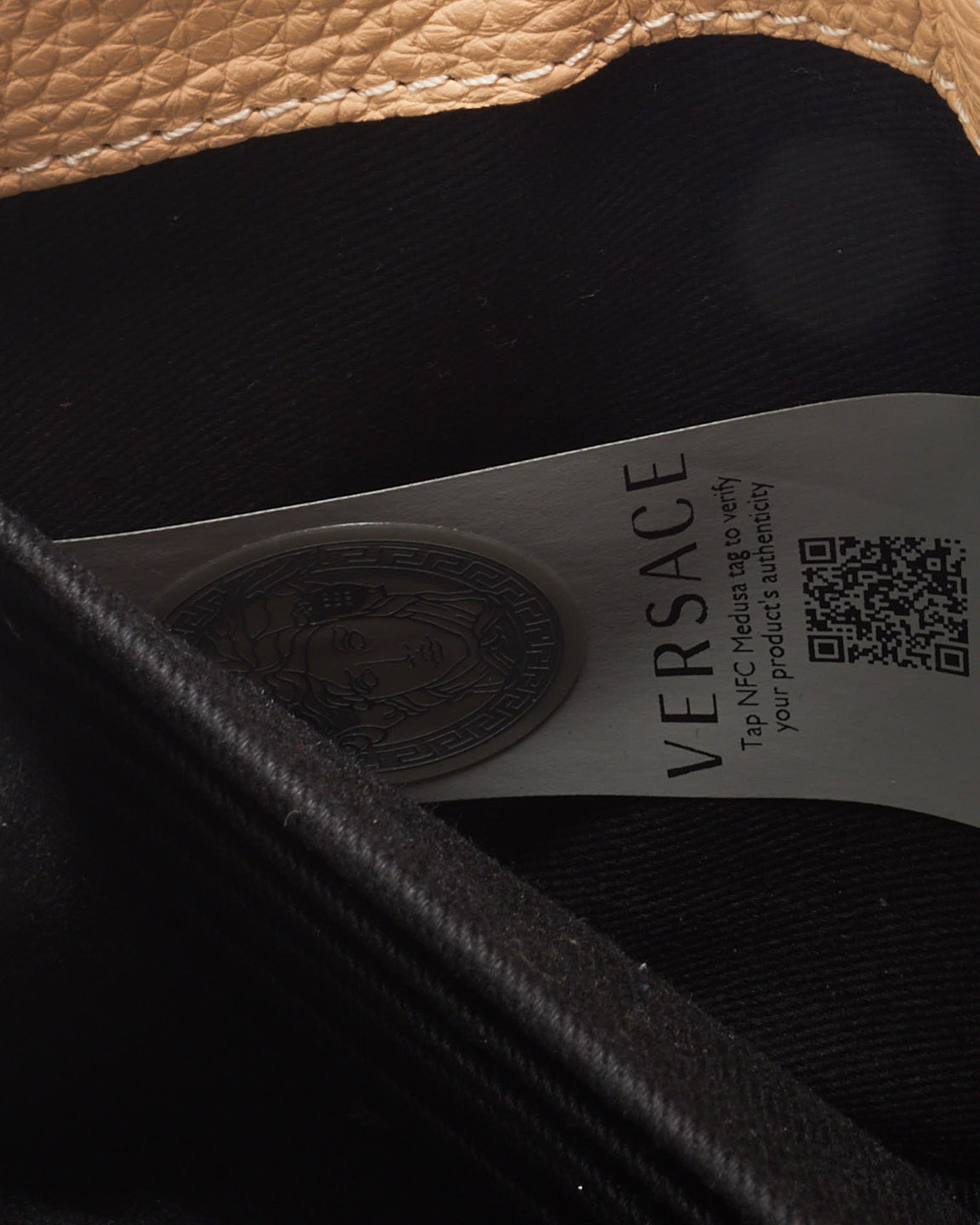 Versace Beige Grained Leather Virtus Logo Wallet on Chain WOC Bag