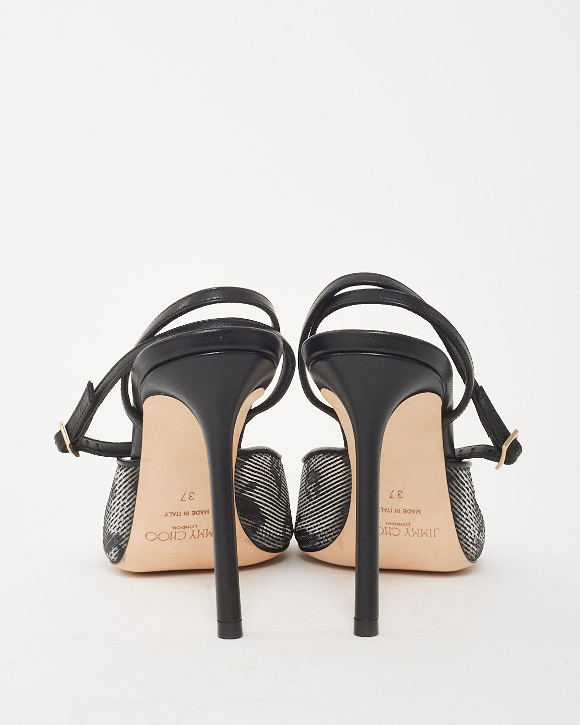 Jimmy Choo Black JC Logo Canvas & Leather Square Open Toe Sandals - 37