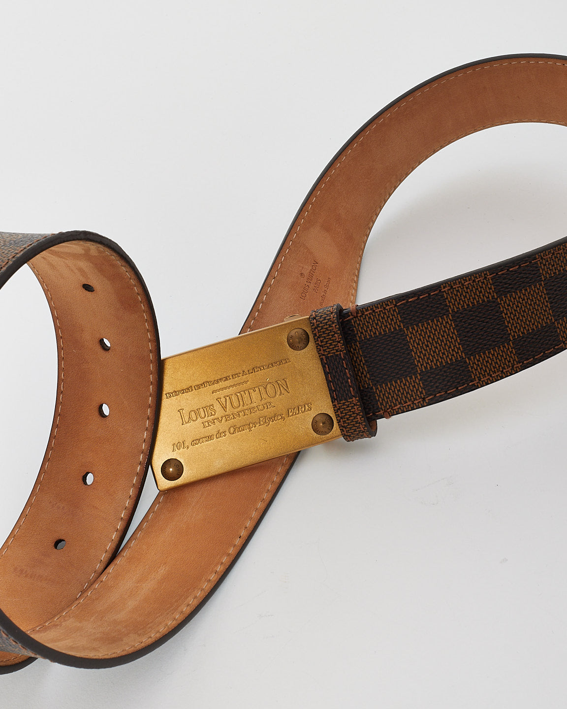 Louis Vuitton Damier Ebene Brushed Gold Plate Inventeur Belt - 95/38
