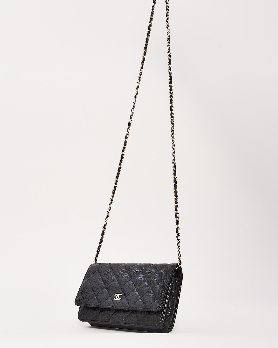 Chanel Black Caviar Leather Quilted Wallet On Chain SHW