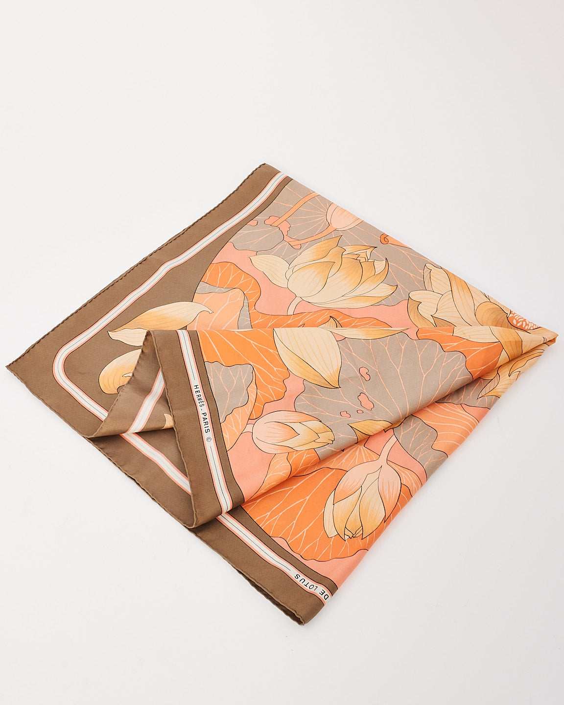 Explore a Hermès Orange Brown Silk Fleurs De Lotus Scarf