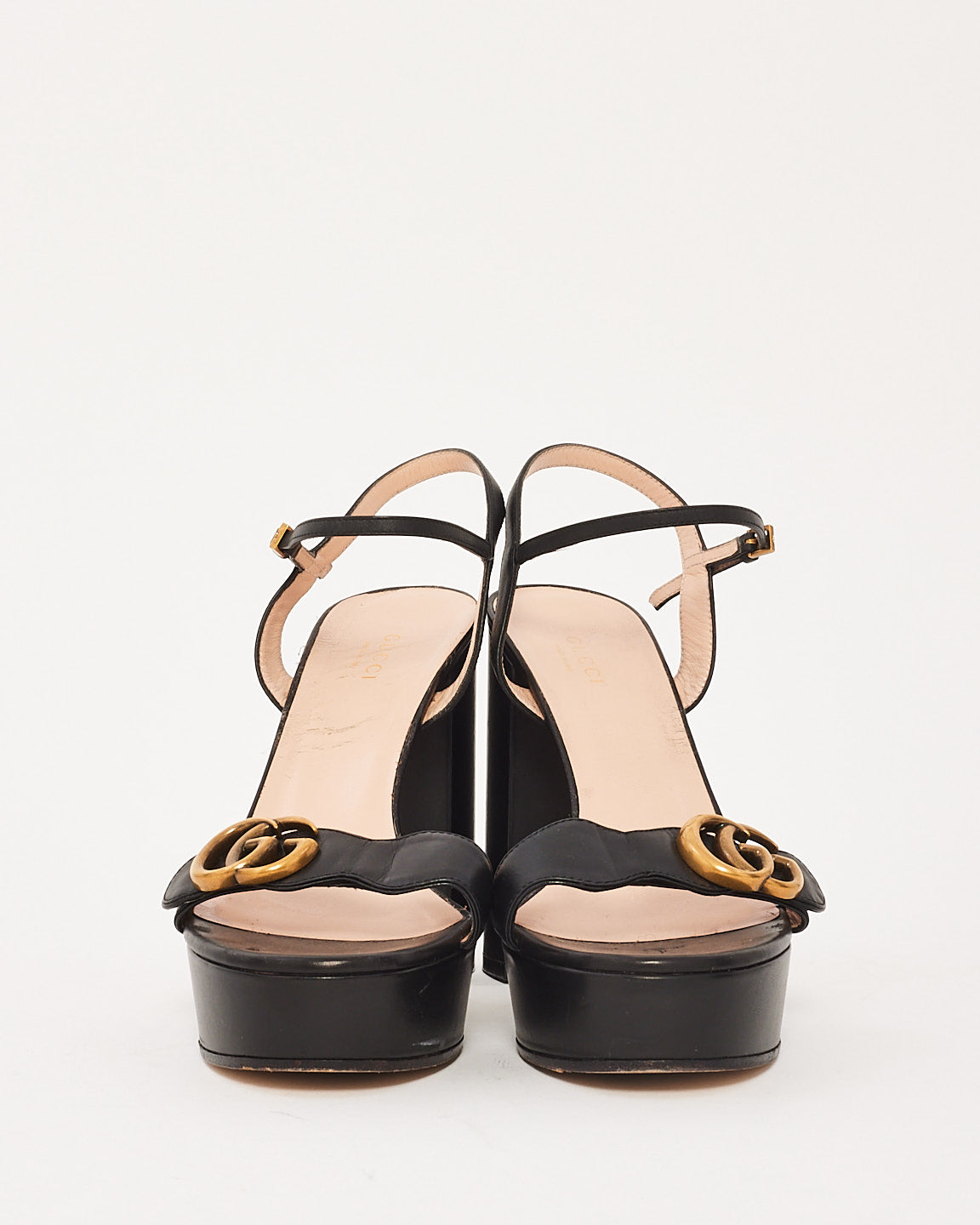 Gucci Black Leather GG Marmont Strap Platform Heels - 39