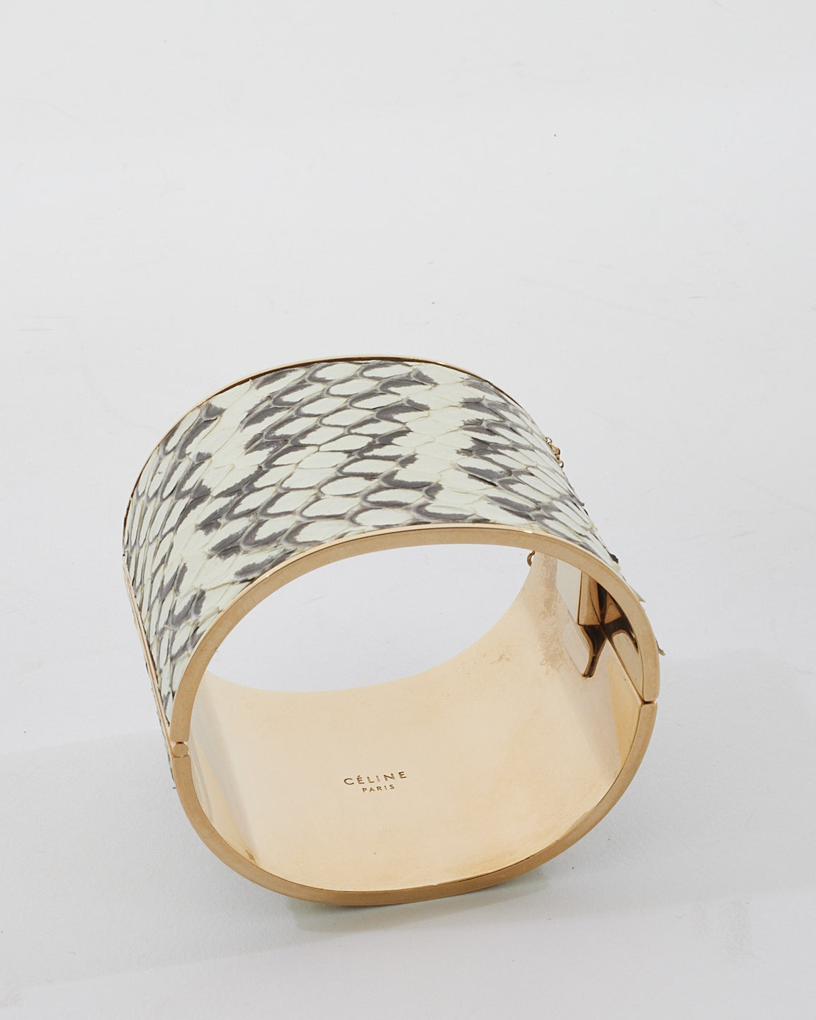 Celine White & Grey Python Metal Edge Cuff Bracelet - M
