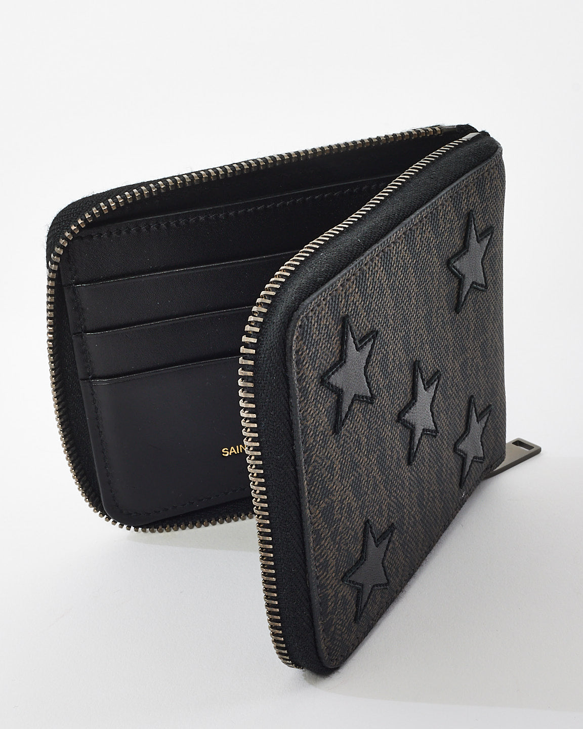 Saint Laurent Black & Brown Coated Canvas Rider California Star Compact Wallet