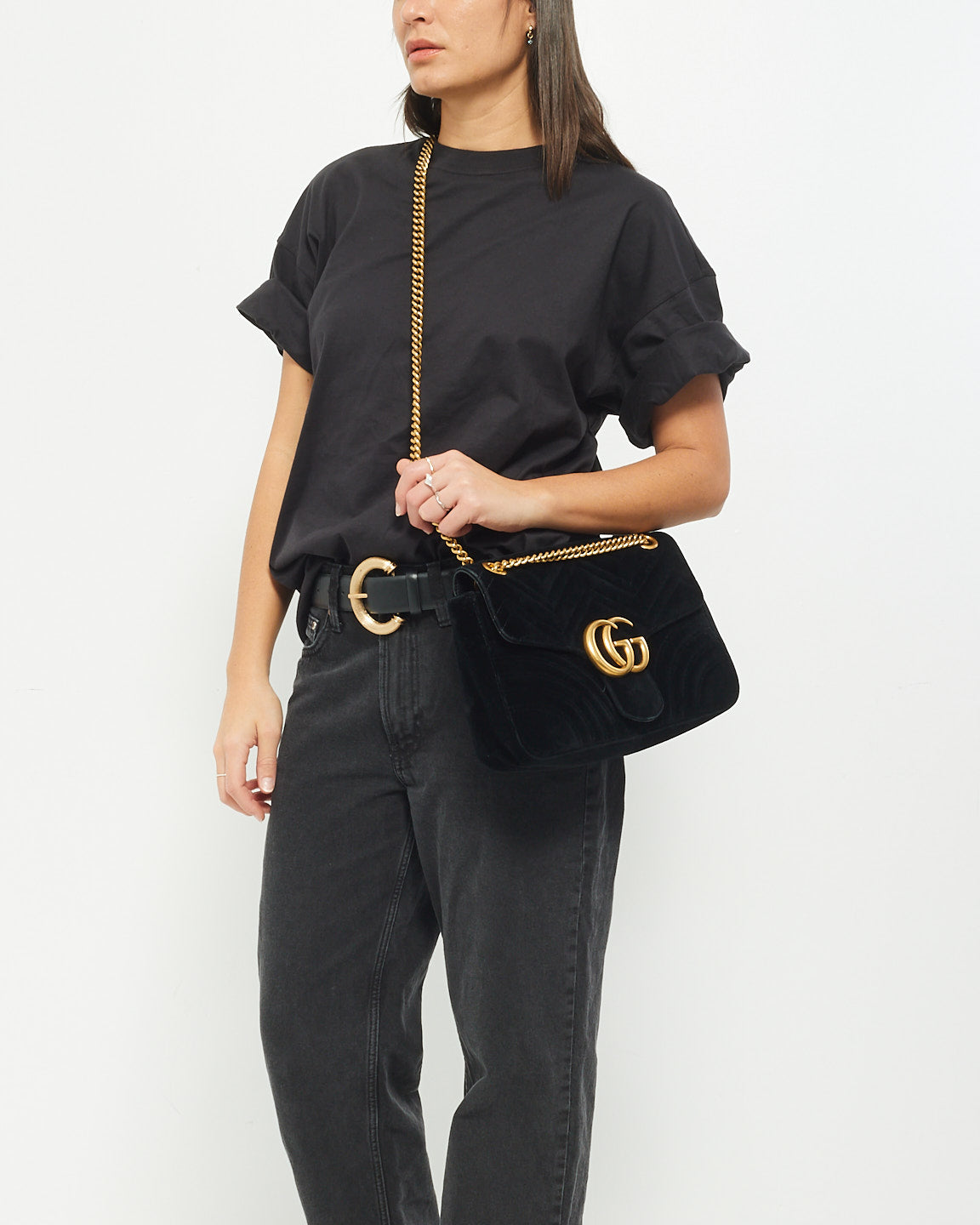 Gucci Black Velvet Matelassée GG Marmont Medium Shoulder Bag