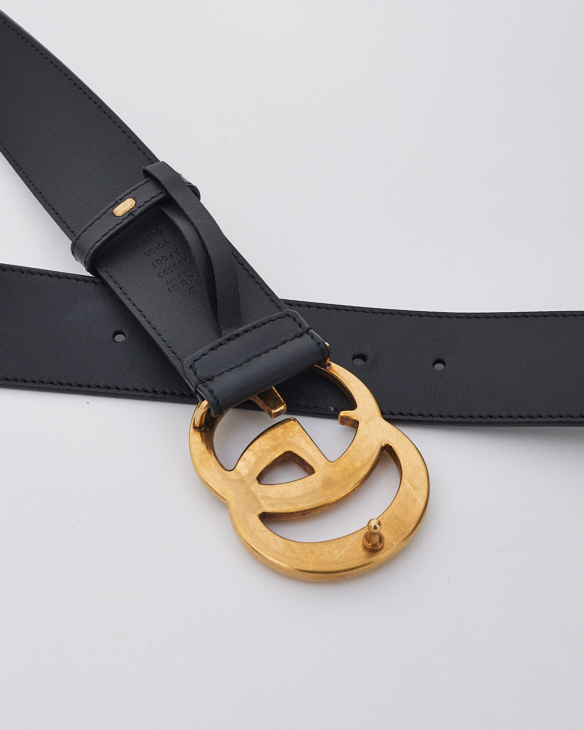 Ceinture Gucci Double GG Marmont en cuir lisse noir brossé doré - 90/35