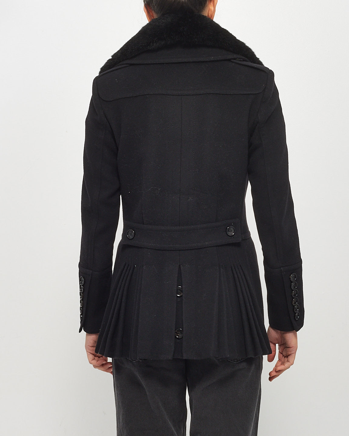 Burberry Black Wool Fur Collar Double Breast Coat - 4