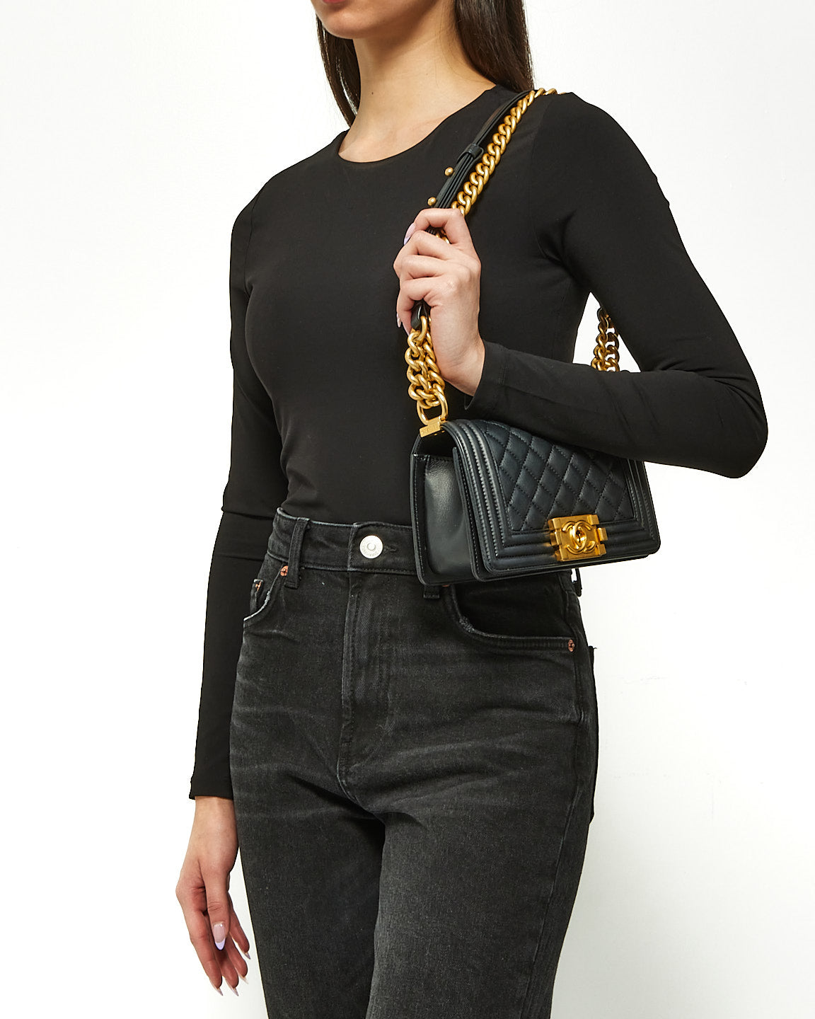 Sac petit garçon matelassé en cuir d'agneau noir Chanel GHW