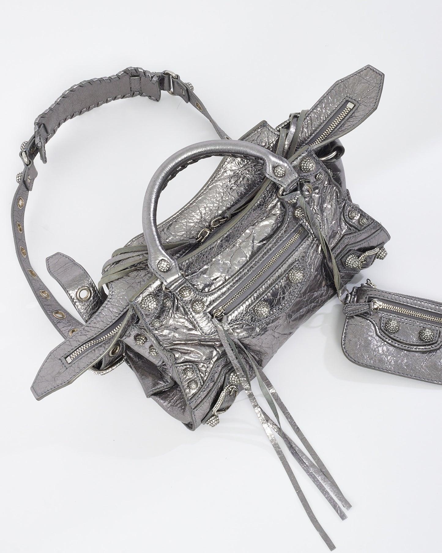 Balenciaga Gunmetal & Rhinestone Leather Neo Cagole XS Tote Bag