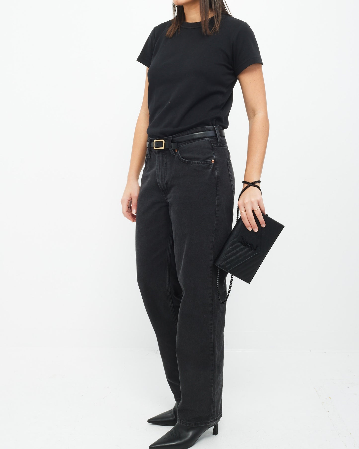 Saint Laurent Black on Black Grain de Poudre Leather Monogram Cassandre Wallet on Chain Bag