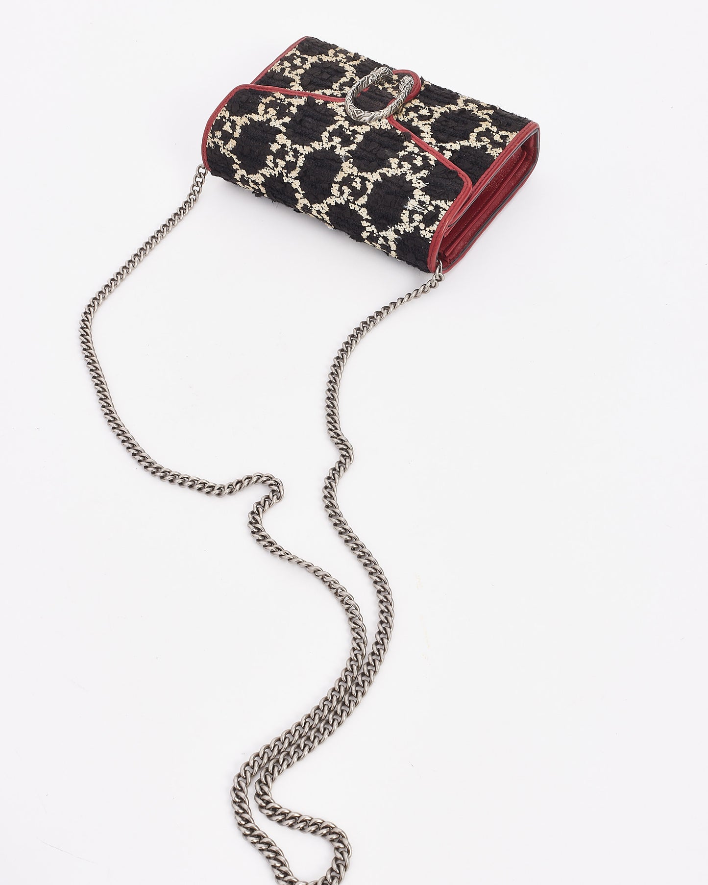 Portefeuille à chaîne Gucci noir/rouge petit GG Tweed Dionysus