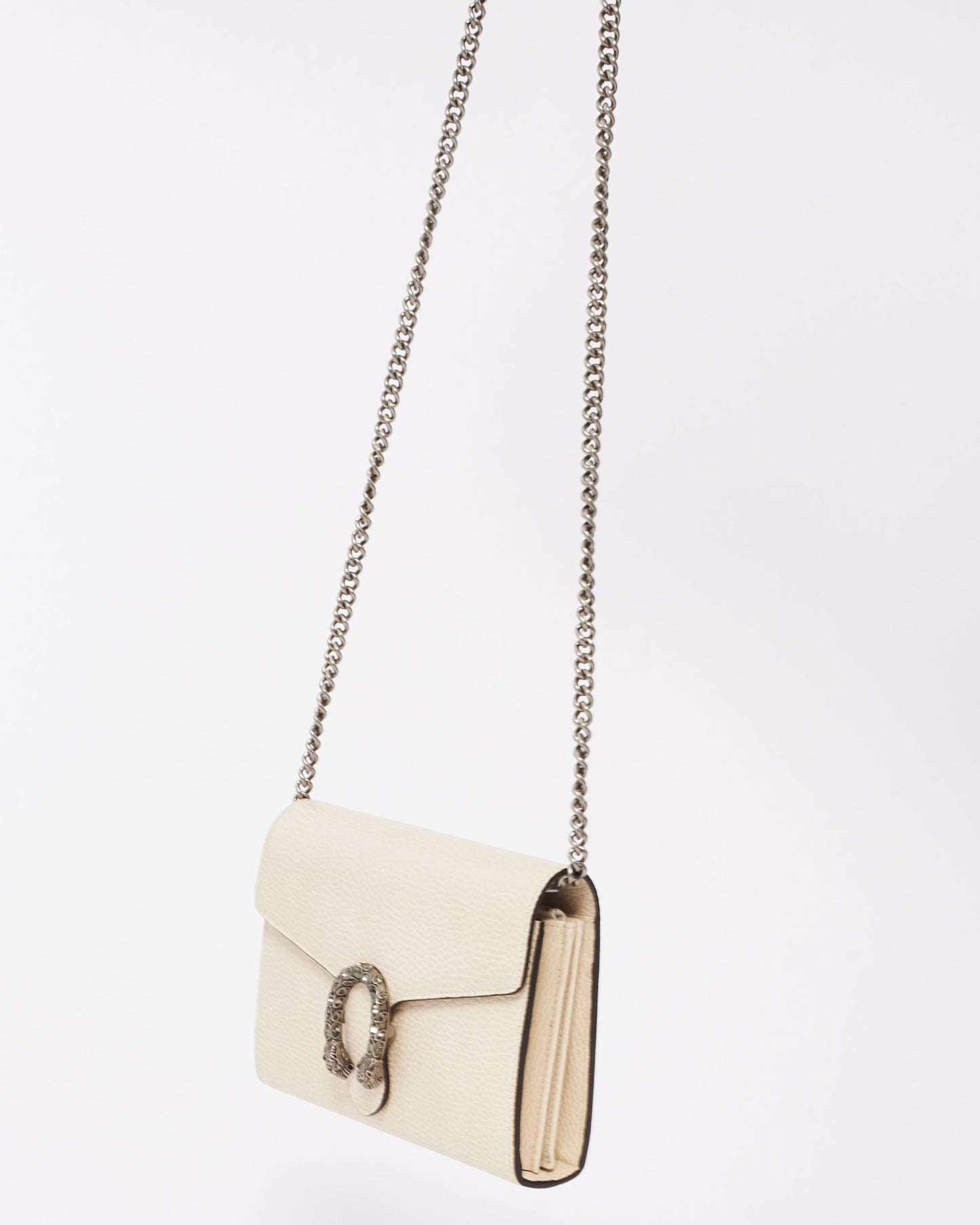 Gucci Off White Grained Leather Dionysus Mini Chain Wallet