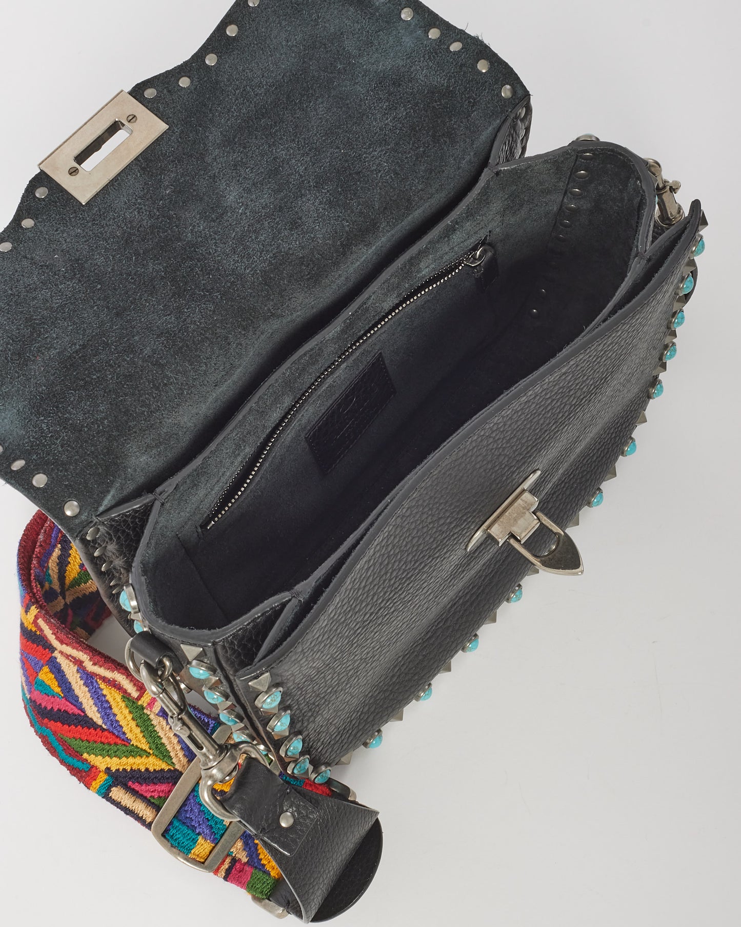 Valentino Sac à rabat moyen Rockstud en cuir de veau noir et turquoise avec sangle de guitare