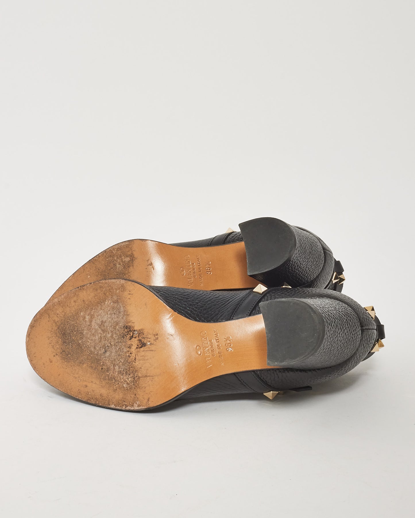 Valentino Black Leather Rockstud Block Heeled Bootie - 36.5