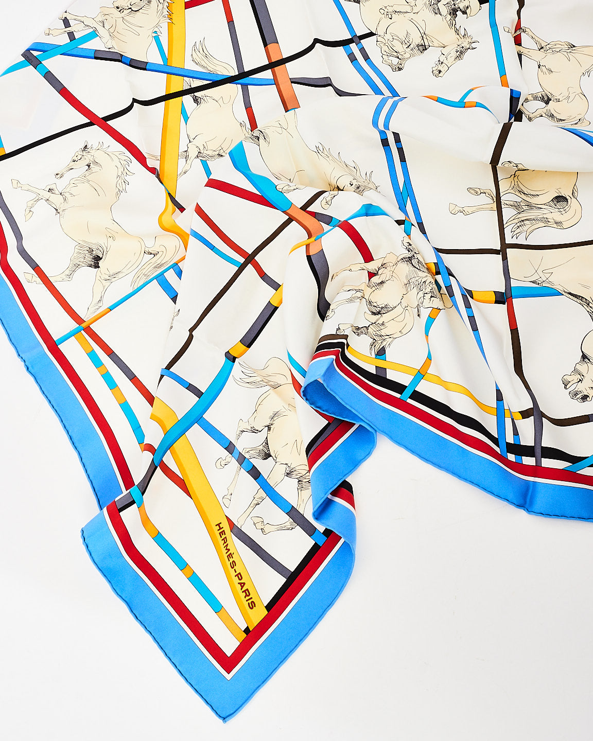 Hermès Blue White Silk Saut D'Obstacle Scarf