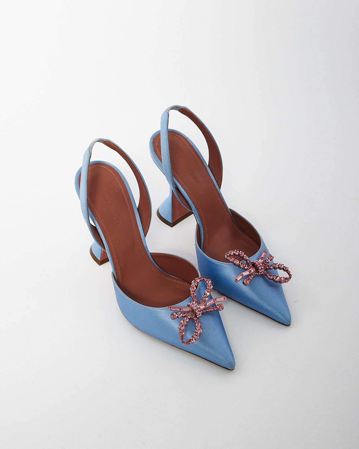 Explore a Amina Muaddi Blue Satin Pink Rosie Slingback Pumps