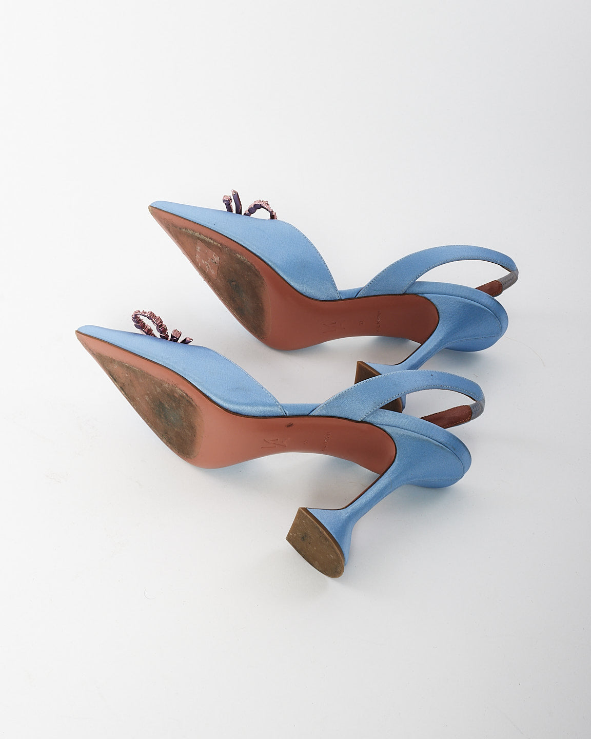 Amina Muaddi Blue Satin & Pink Rosie Slingback Pumps - 40