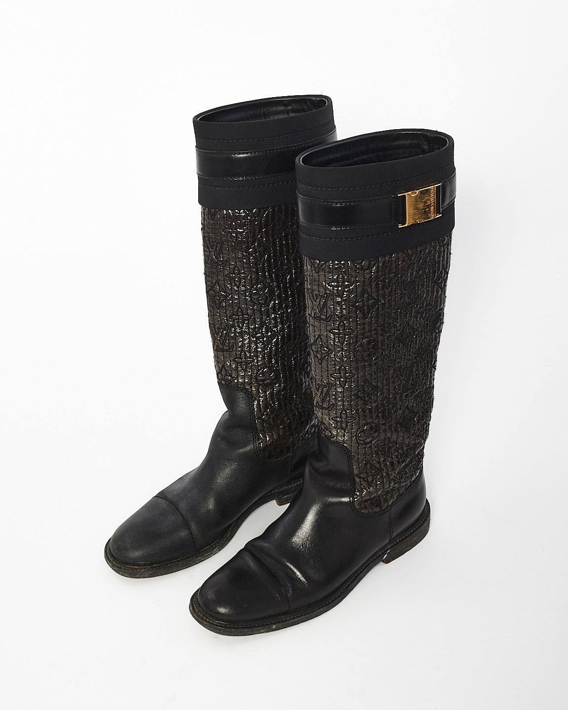 Louis Vuitton Black Leather Monogram Knee Boot - 35.5