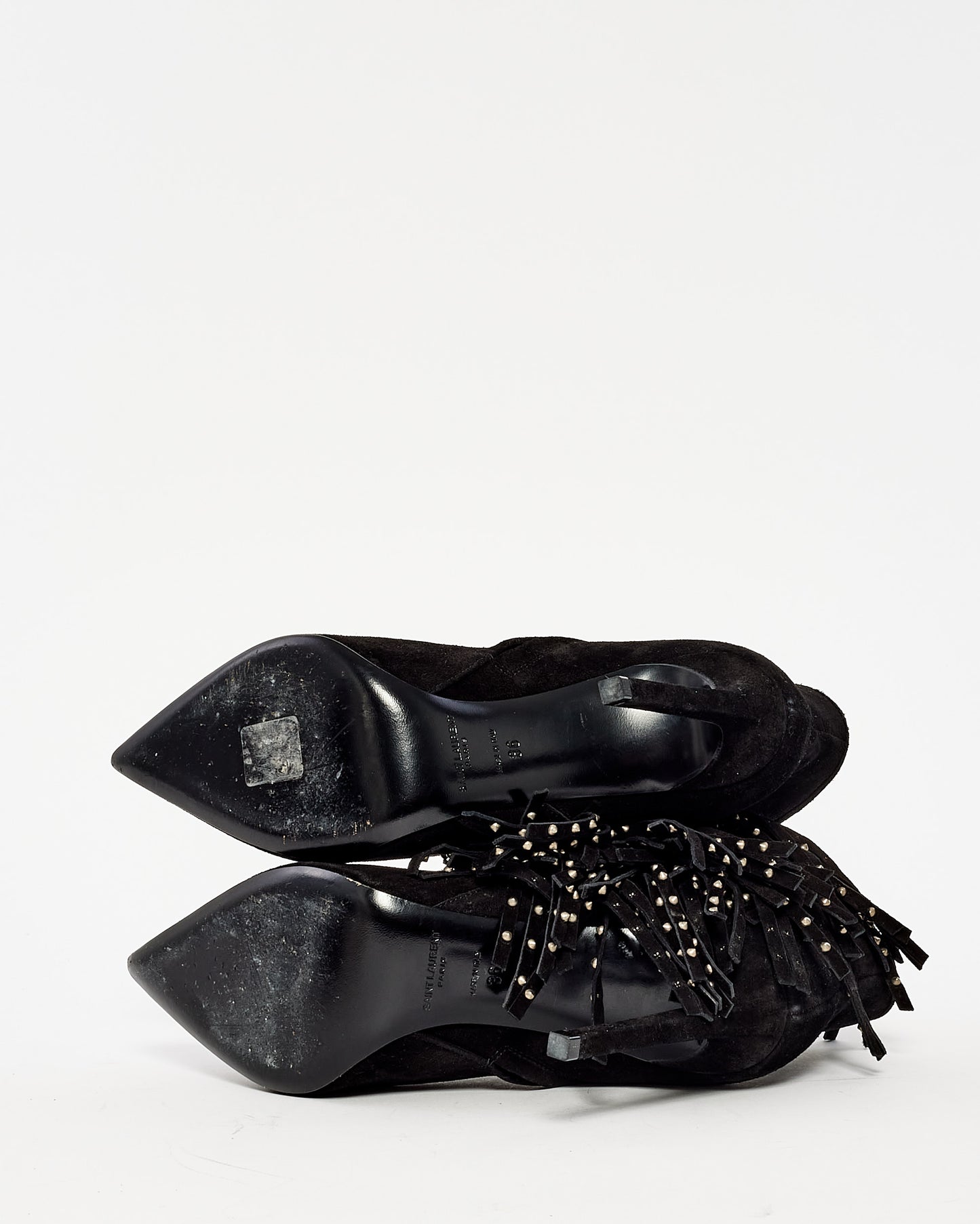 Saint Laurent Black Suede Fringe & Stud Stiletto Booties - 36