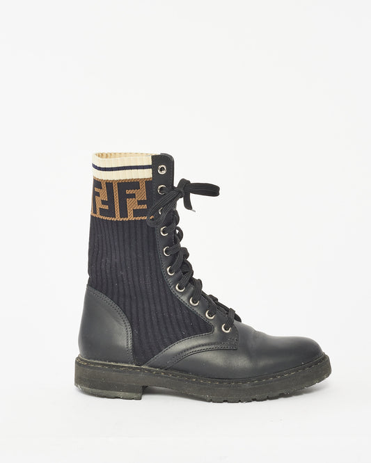 Fendi Black Leather & Fabric  Rokoko Combat Boots - 37