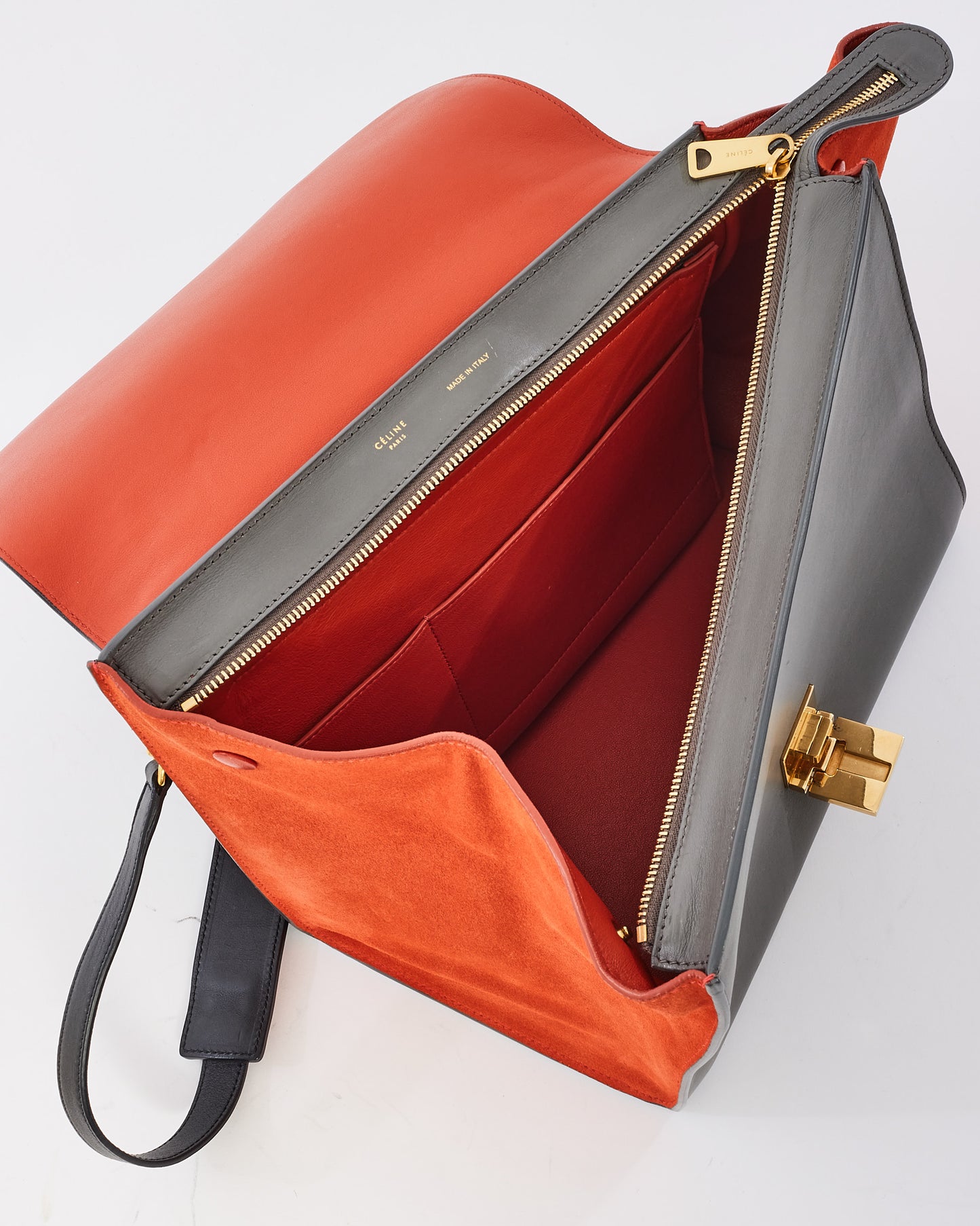 Celine Grey Orange Black Leather & Suede Trapeze Bag