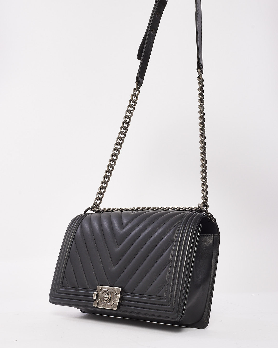 Chanel Black Chevron Leather Old Medium Boy Bag