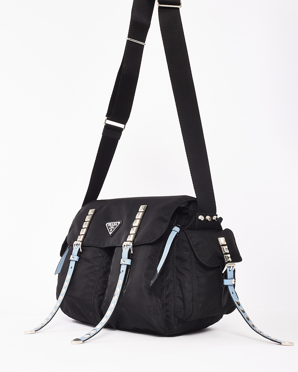 Prada Black & Baby Blue Nylon Studded Large Messenger Crossbody Bag