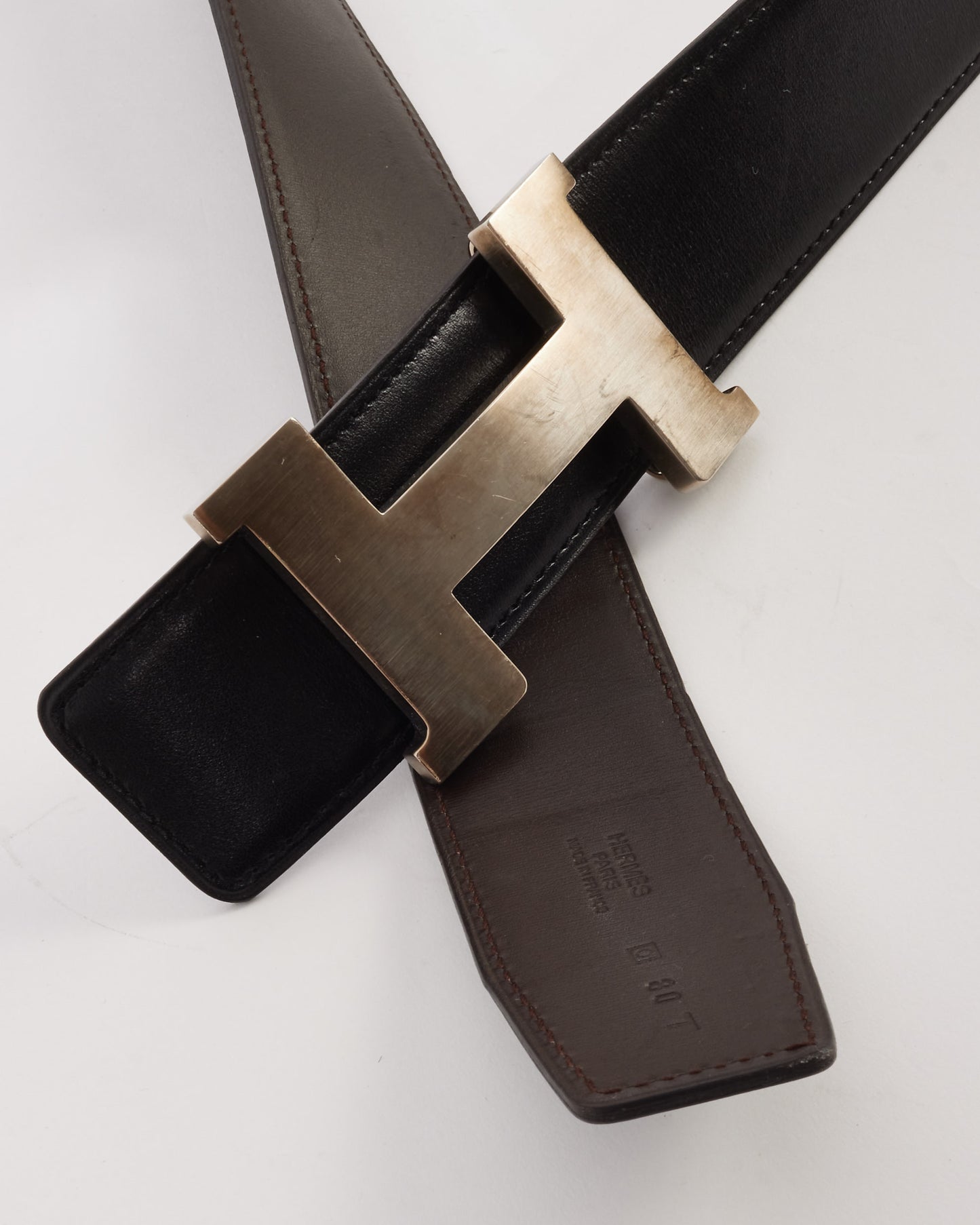Hermès Black & Dark Brown Reversible SHW Constance Belt - 80