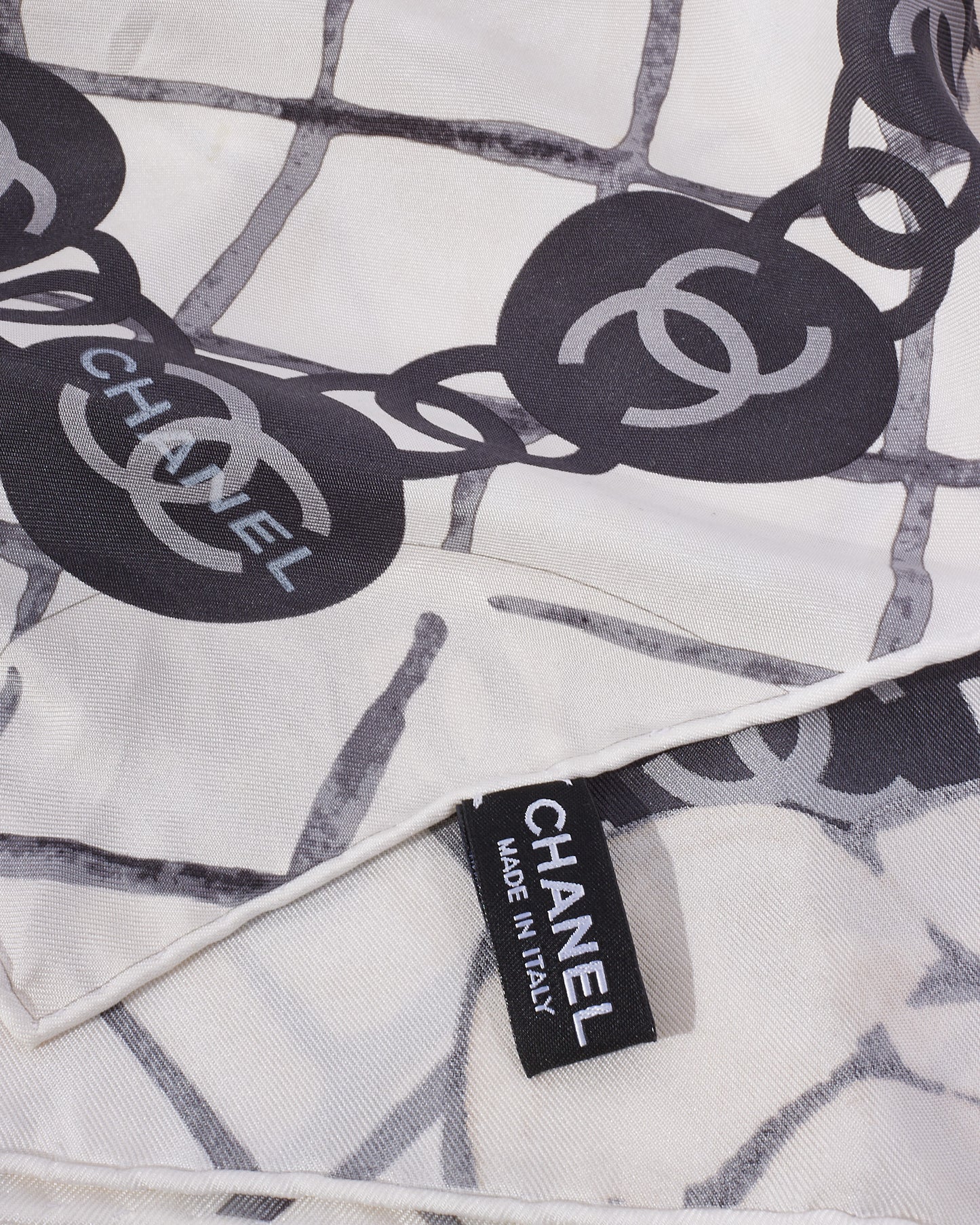 Chanel White & Grey Camellia Flower & Logo Silk Scarf