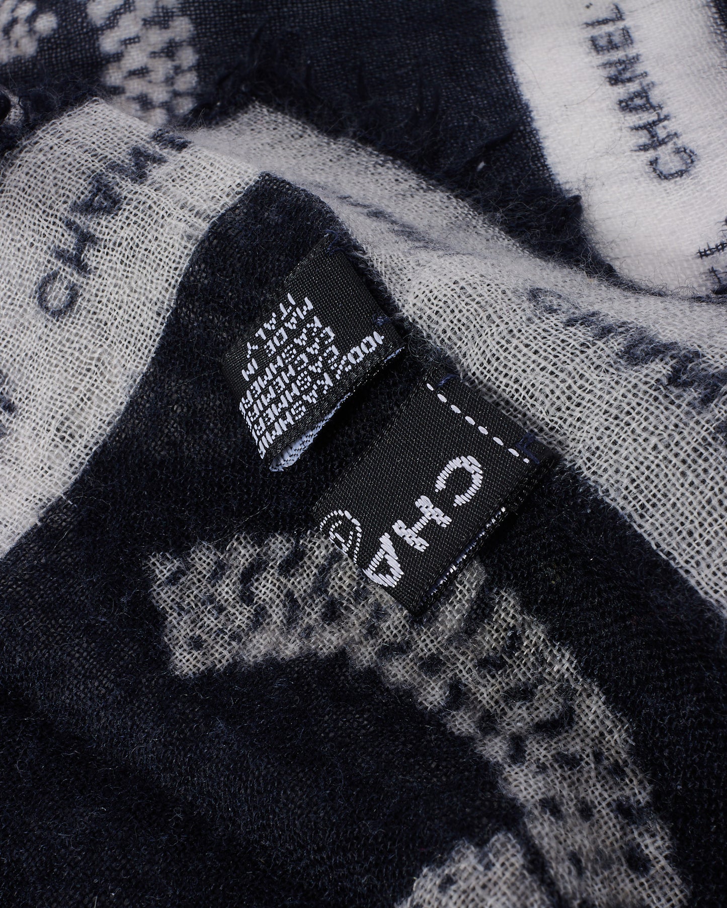 Chanel Black & White Chain Link Logo Cashmere Blend Square Scarf