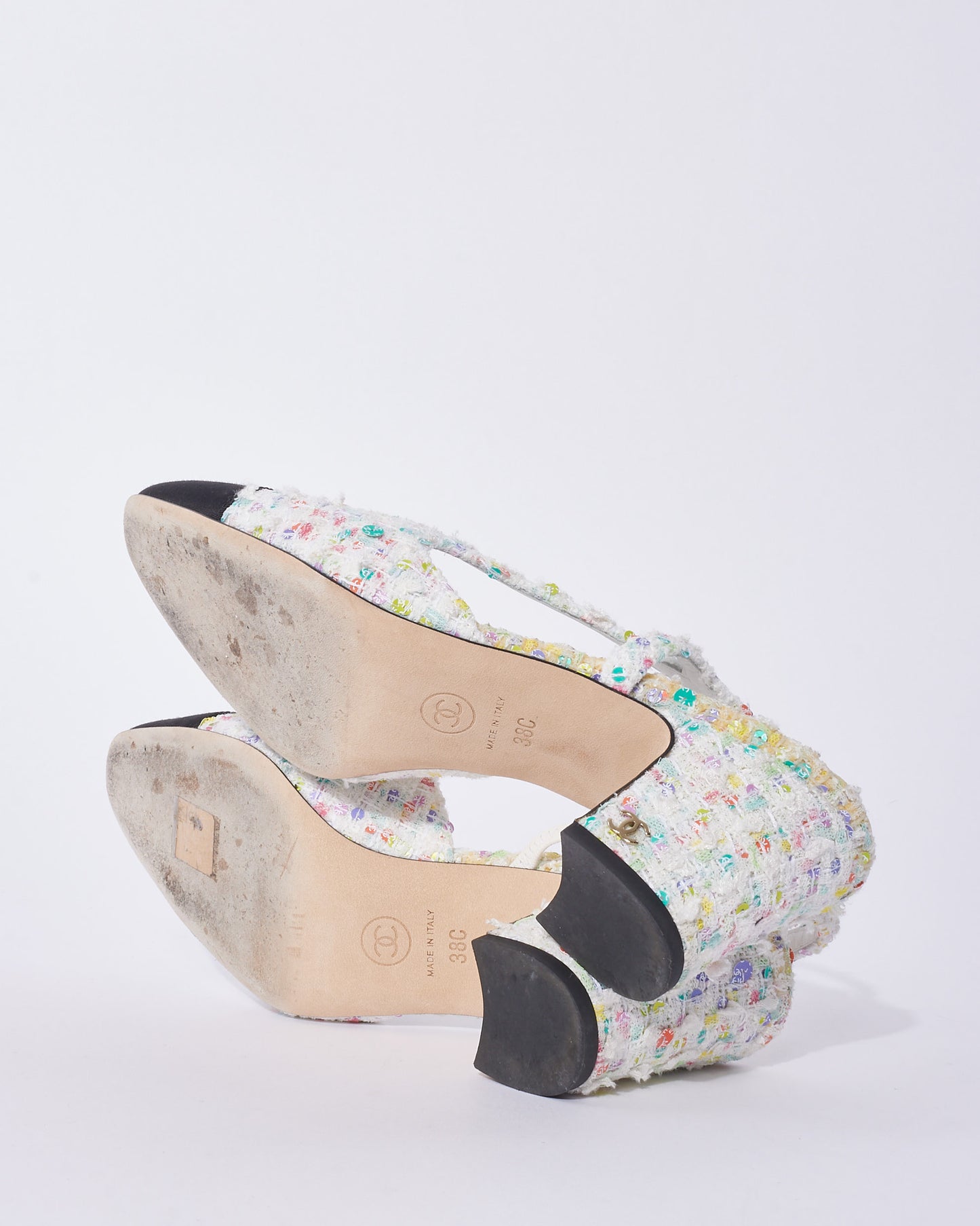 Chanel White & Multicolor Tweed Sequin Block Heel Slingback Pumps - 38C