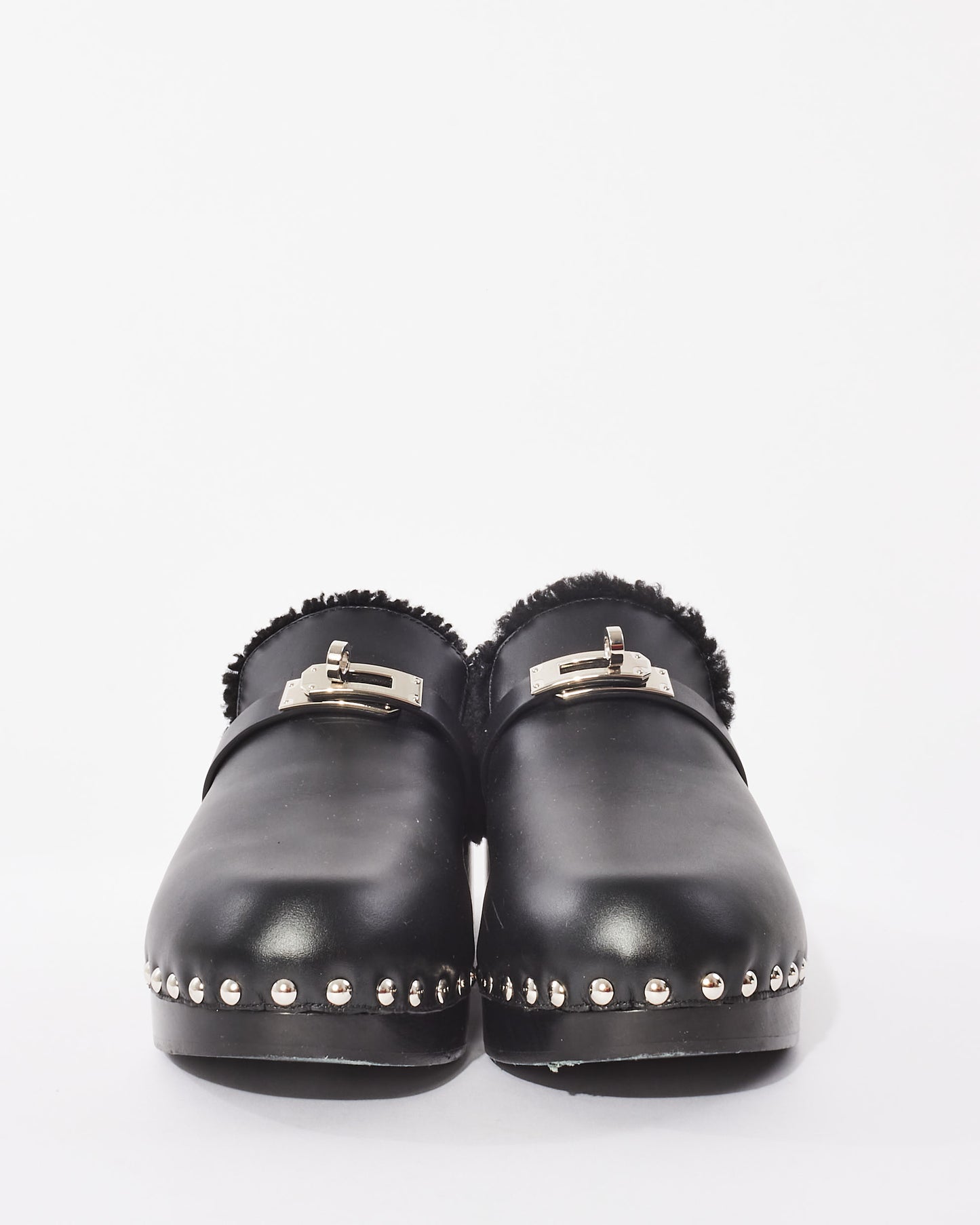 Hermès Black Leather & Shearling Carlotta Mules - 39